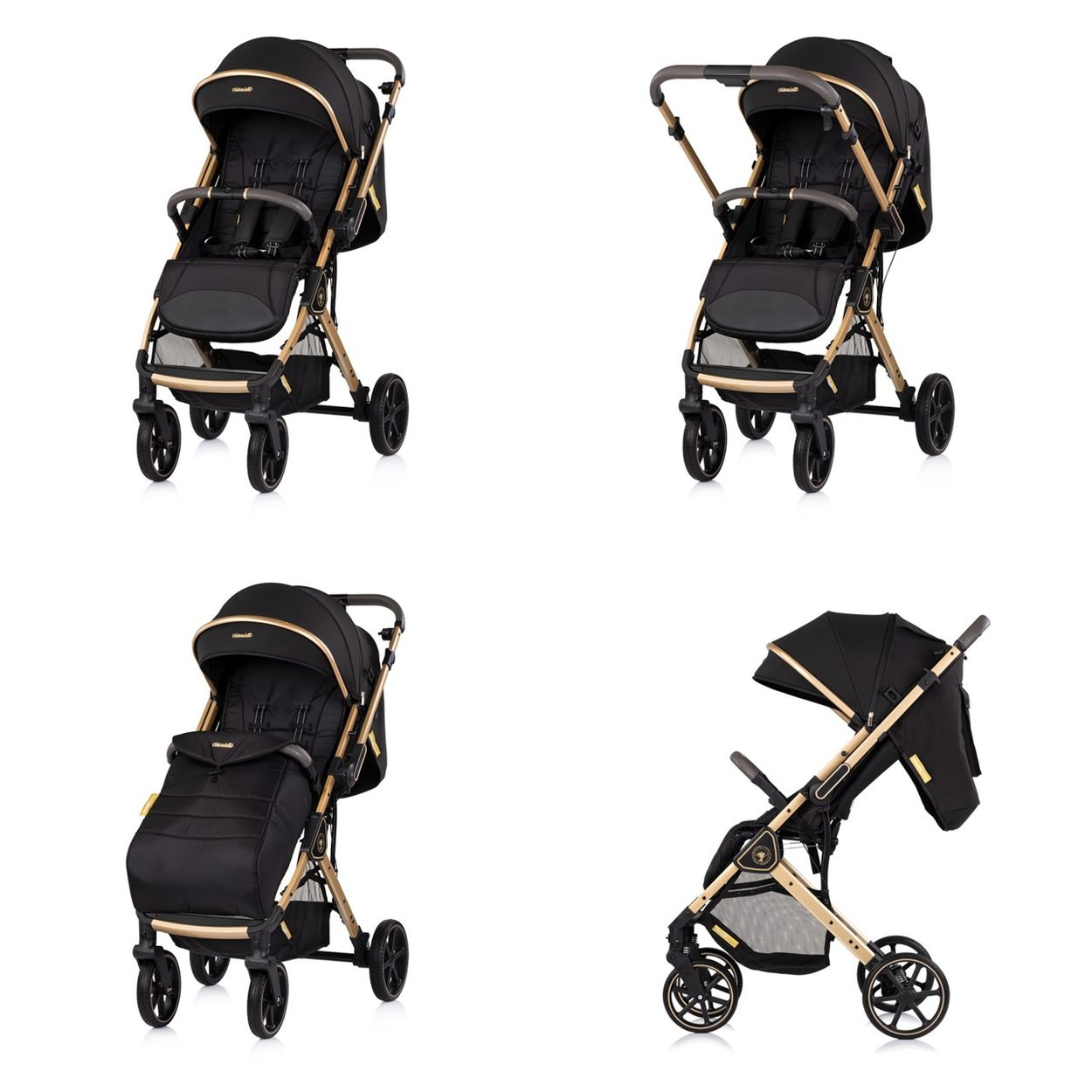 Schwarzer Kinderwagen mit goldenen Akzenten, Ansicht von vorne und Seite.