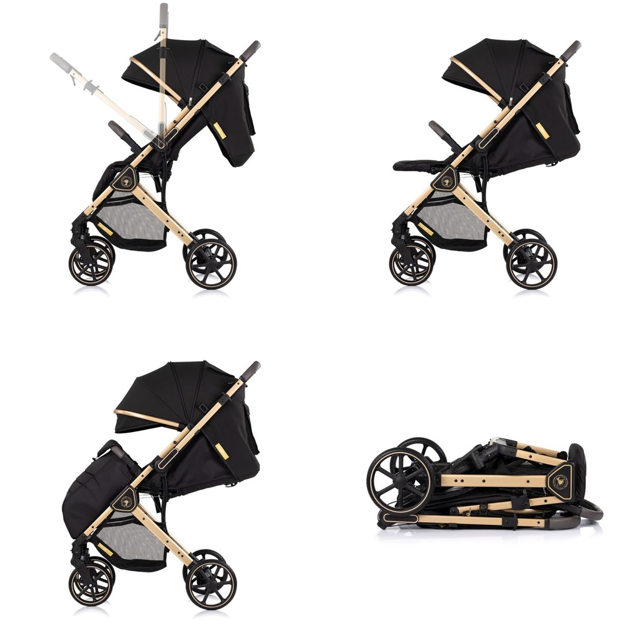 Ein schwarzer Kinderwagen mit goldenen Akzenten, gezeigt in verschiedenen Positionen.