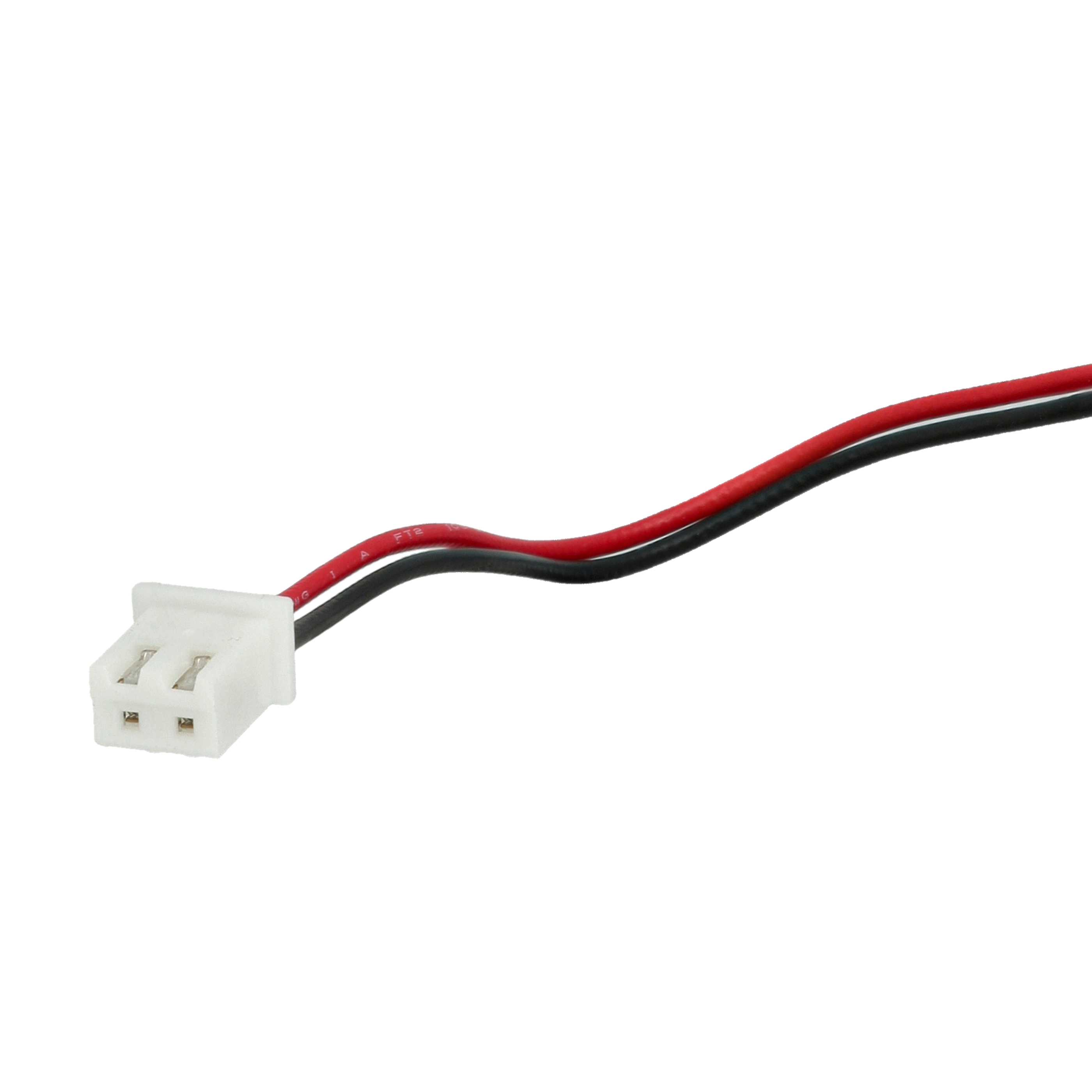 Ein weißer Stecker mit schwarzen und roten Kabeln.