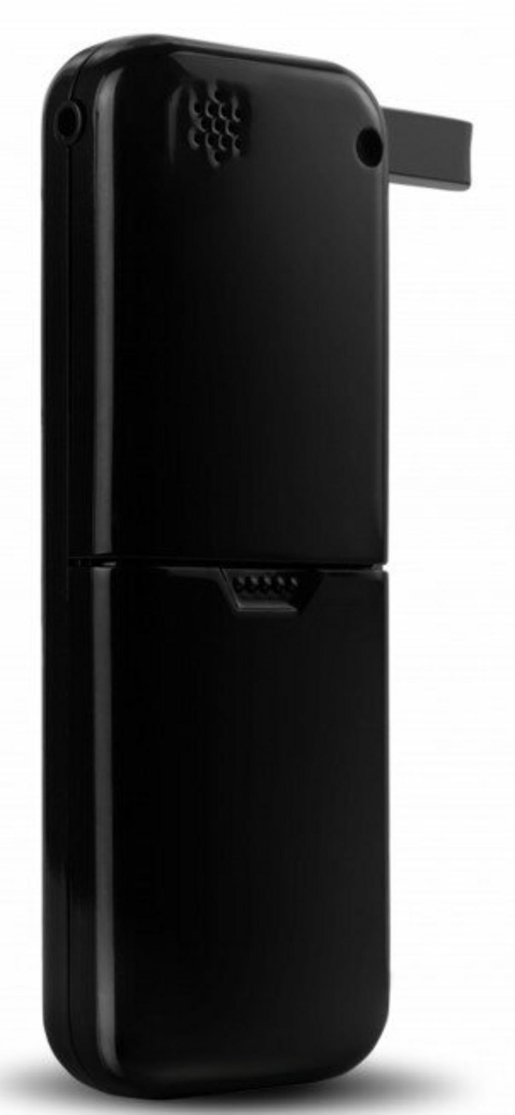 Czarny, prostokątny alkomat z małym paskiem i kratką głośnika.