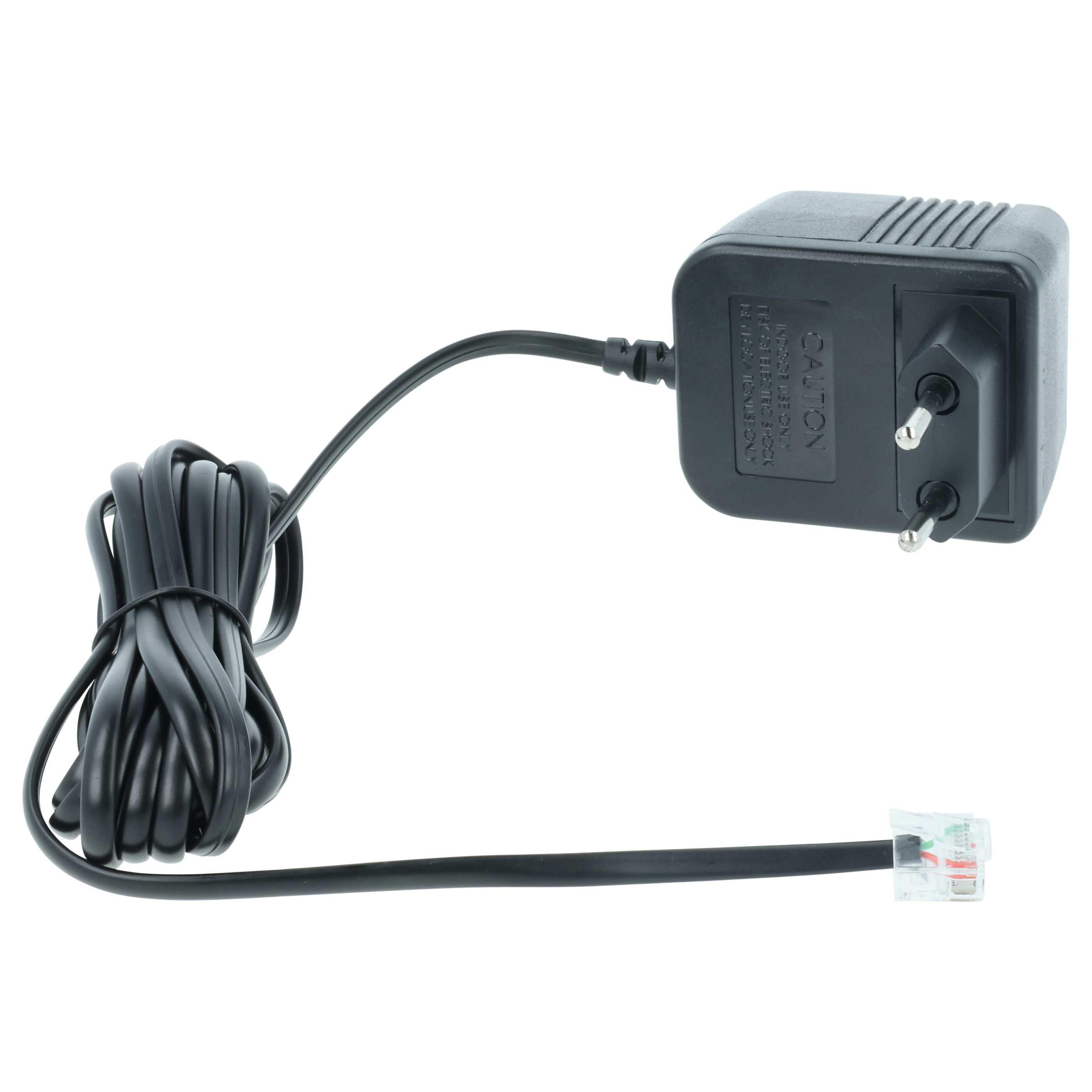 Schwarzes Netzteil mit Kabel und RJ11-Stecker, auf weißem Hintergrund.