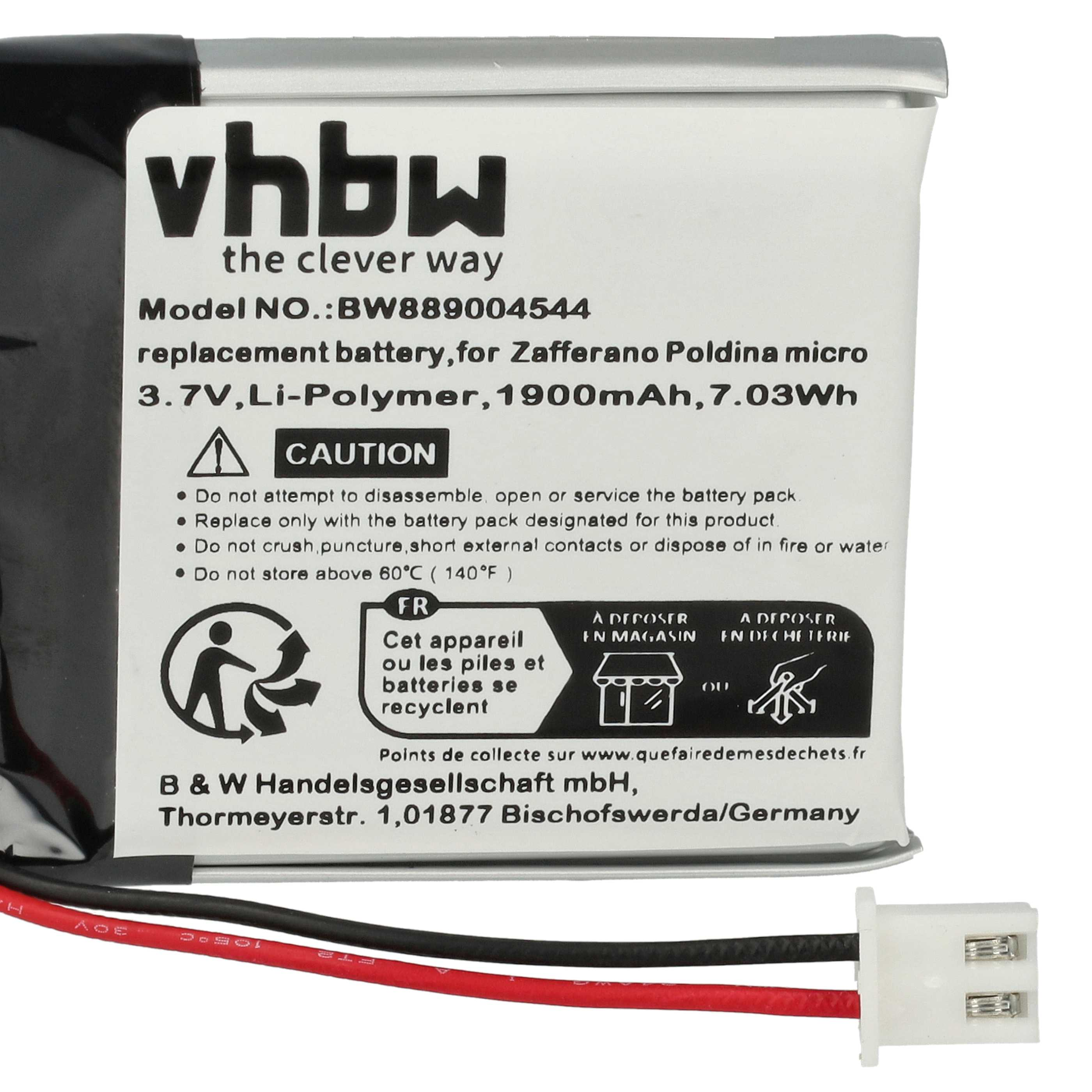 Ein Vhbw Ersatzakku für Zafferano Poldina micro, 3,7V Li-Polymer, 1900mAh.