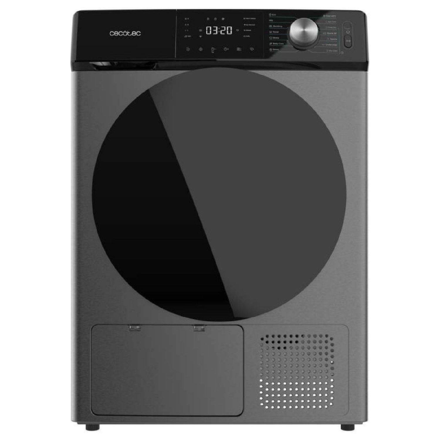 Lavatrice grigia con oblò rotondo nero e display digitale.