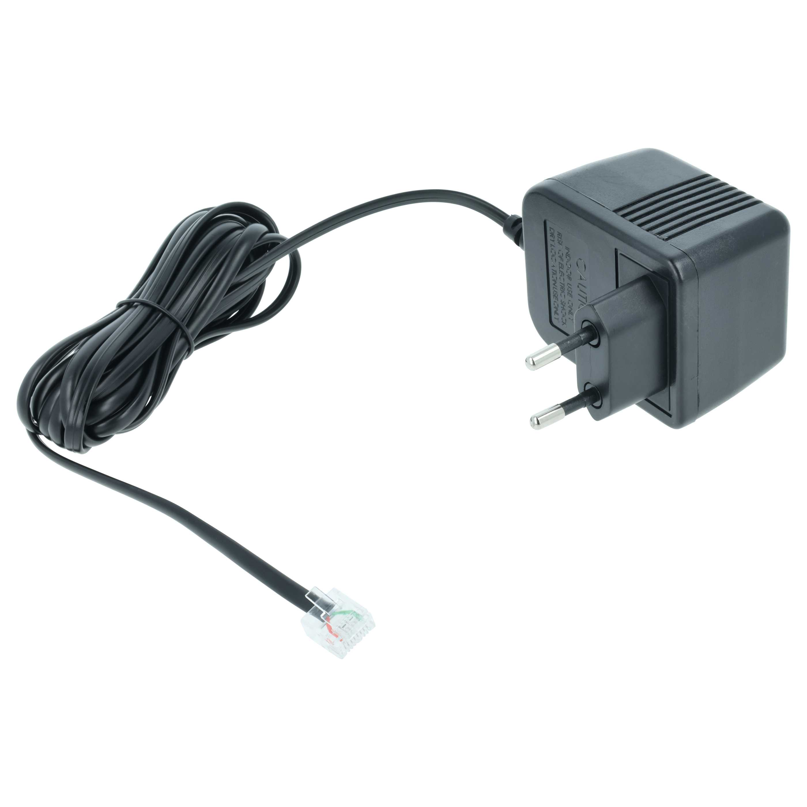 Schwarzes Netzteil mit Kabel und RJ11-Stecker.