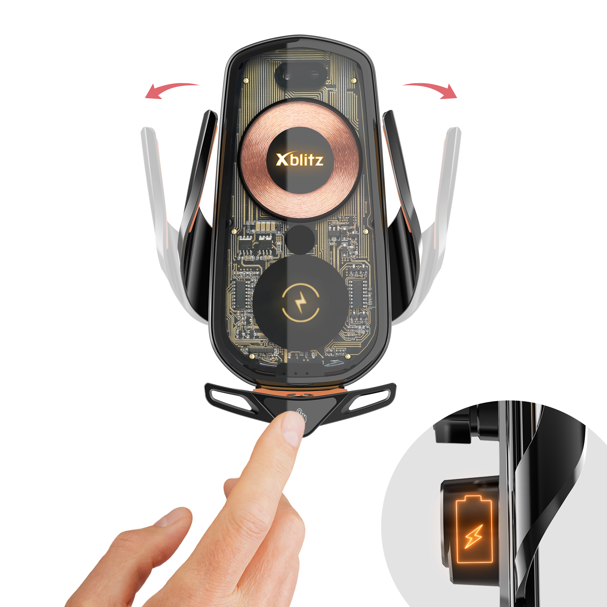 Palec naciska ikonę ładowania na przezroczystym uchwycie na telefon.