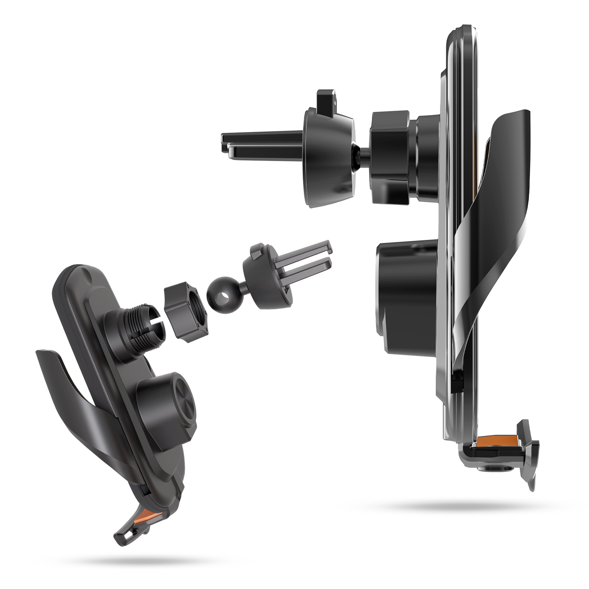 Czarny uchwyt samochodowy do telefonu z klipsem wentylacyjnym i przegubem kulowym.