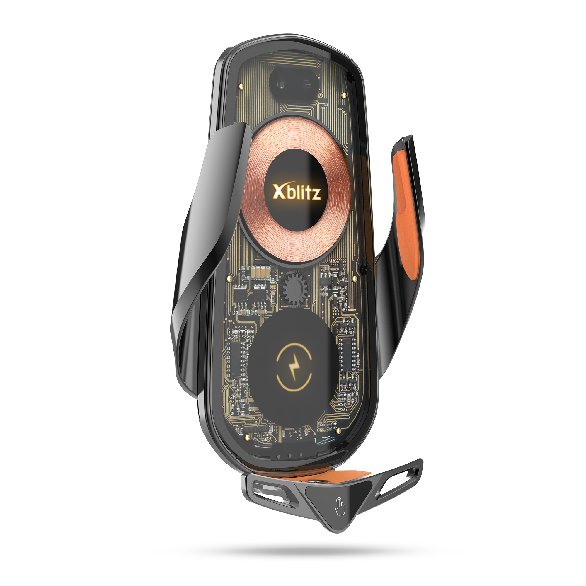 Przezroczysta ładowarka do telefonu z widoczną cewką i płytką drukowaną.