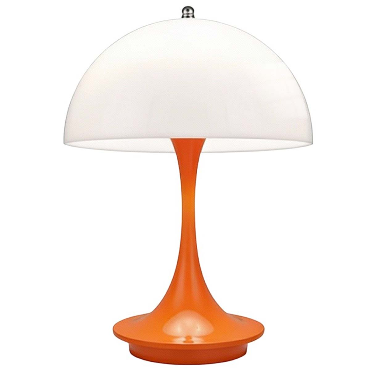 Una lámpara naranja con pantalla blanca y base curva.
