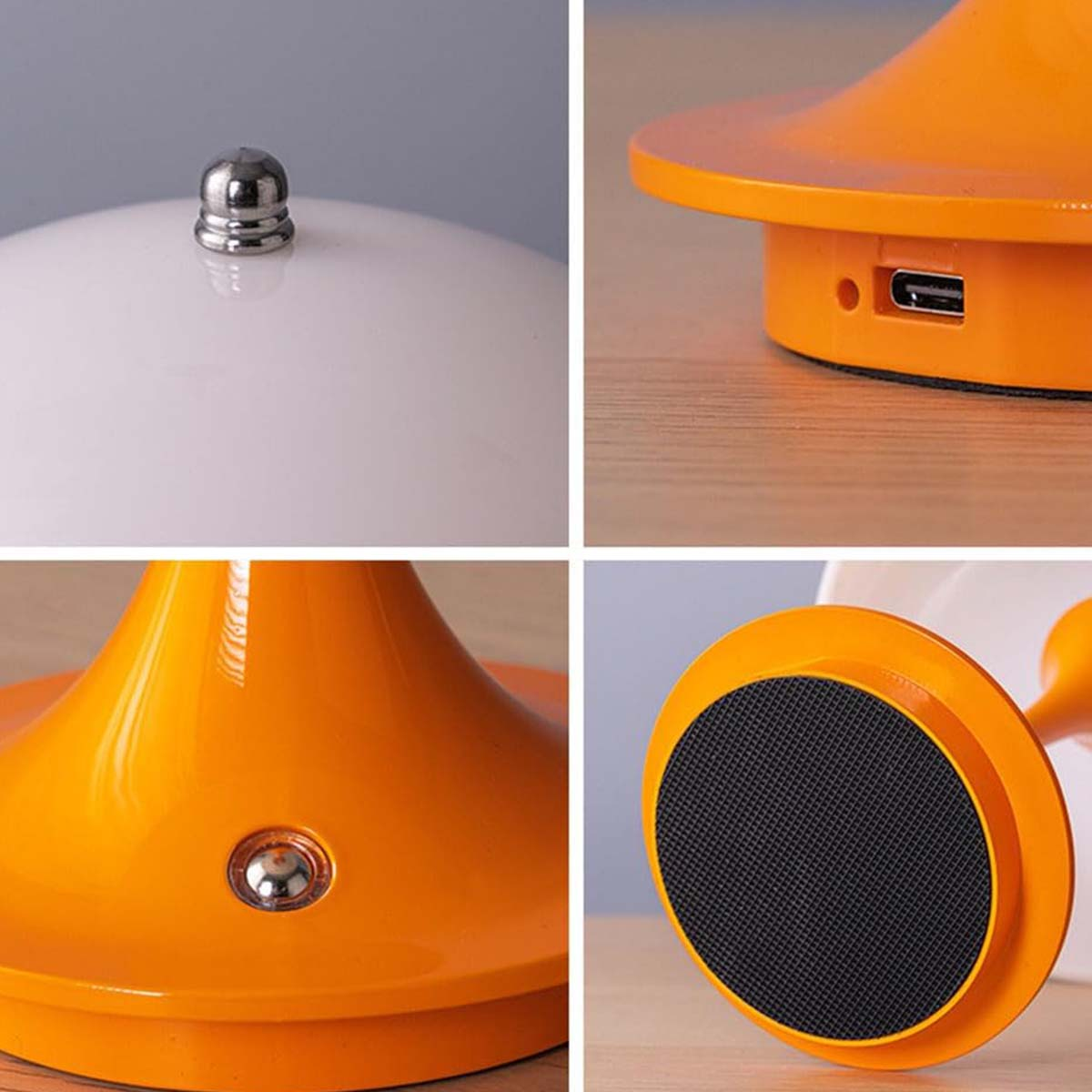 Primer plano de una lámpara naranja con pantalla blanca y detalles plateados.