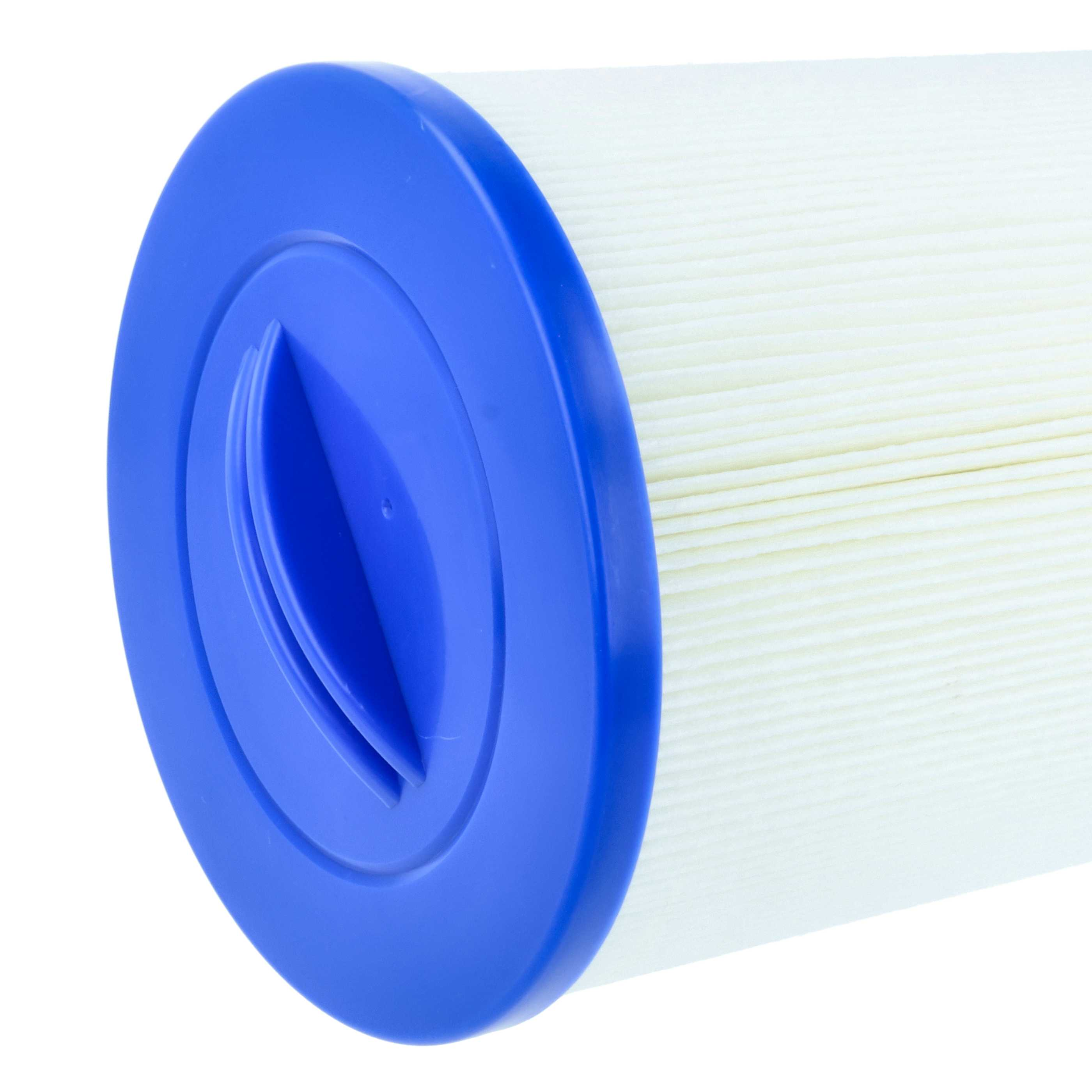 Ein blauer Deckel auf einem weißen, gerippten Filter.