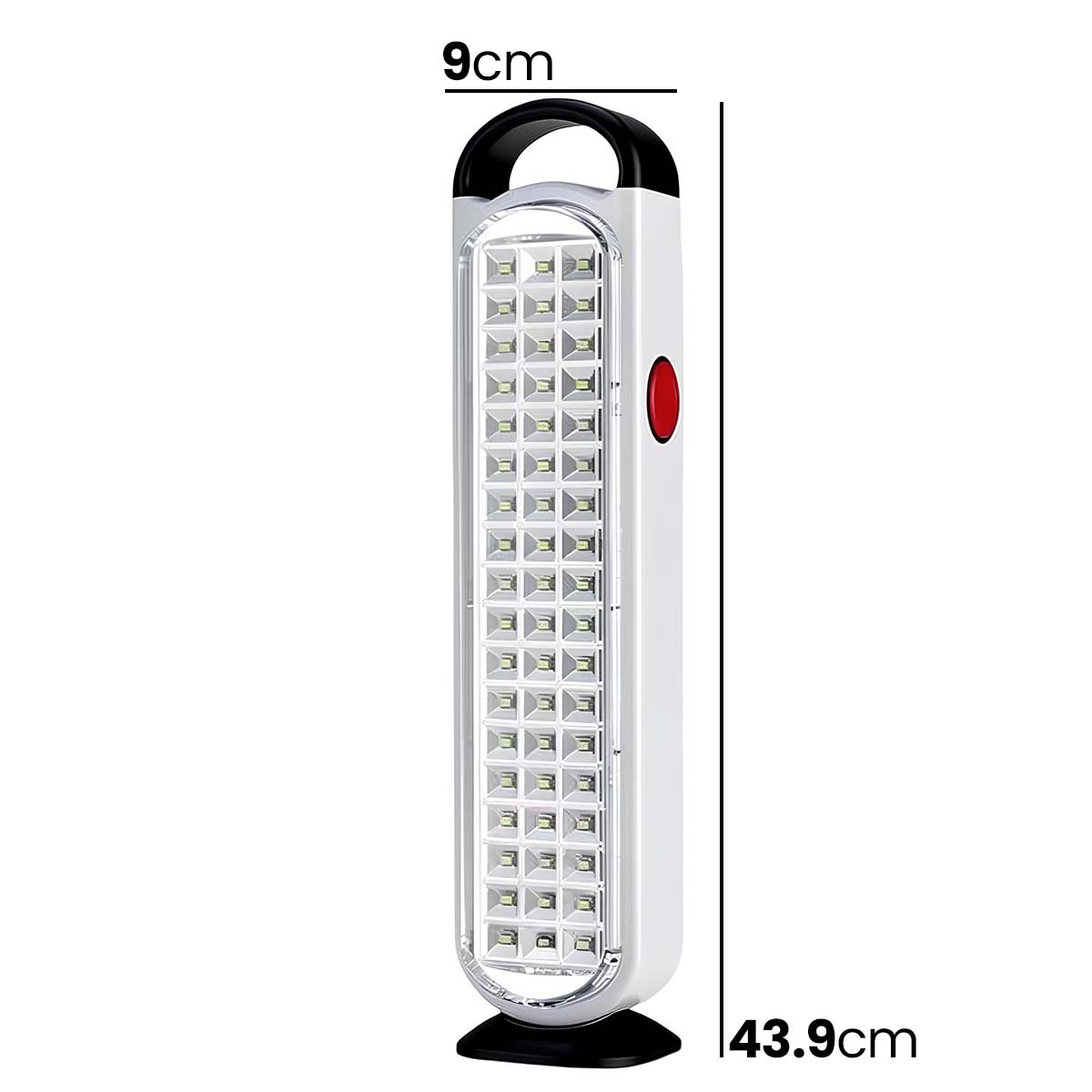 Weiße LED-Leuchte mit schwarzem Griff und rotem Knopf, 43,9 cm lang.