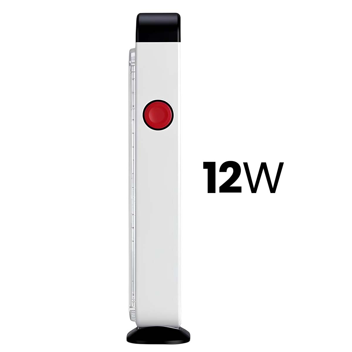 Ein weißer 12W-Strahler mit schwarzem Oberteil und rotem Knopf.