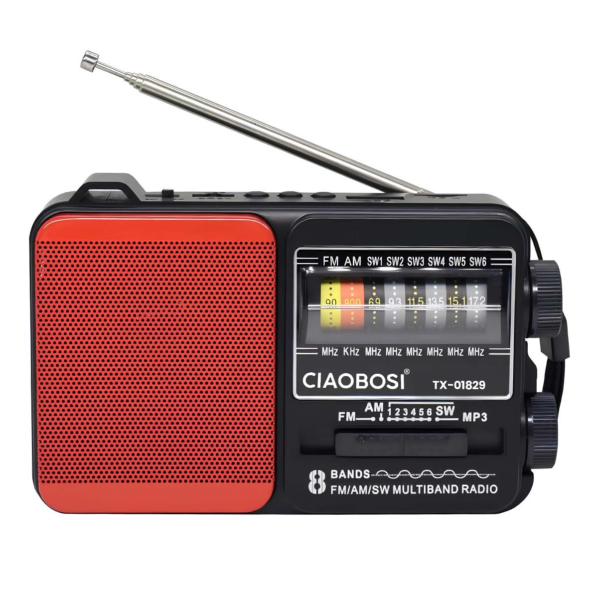 Ein schwarzer und roter Mehrband-Radio mit Teleskopantenne und Lautsprecher.