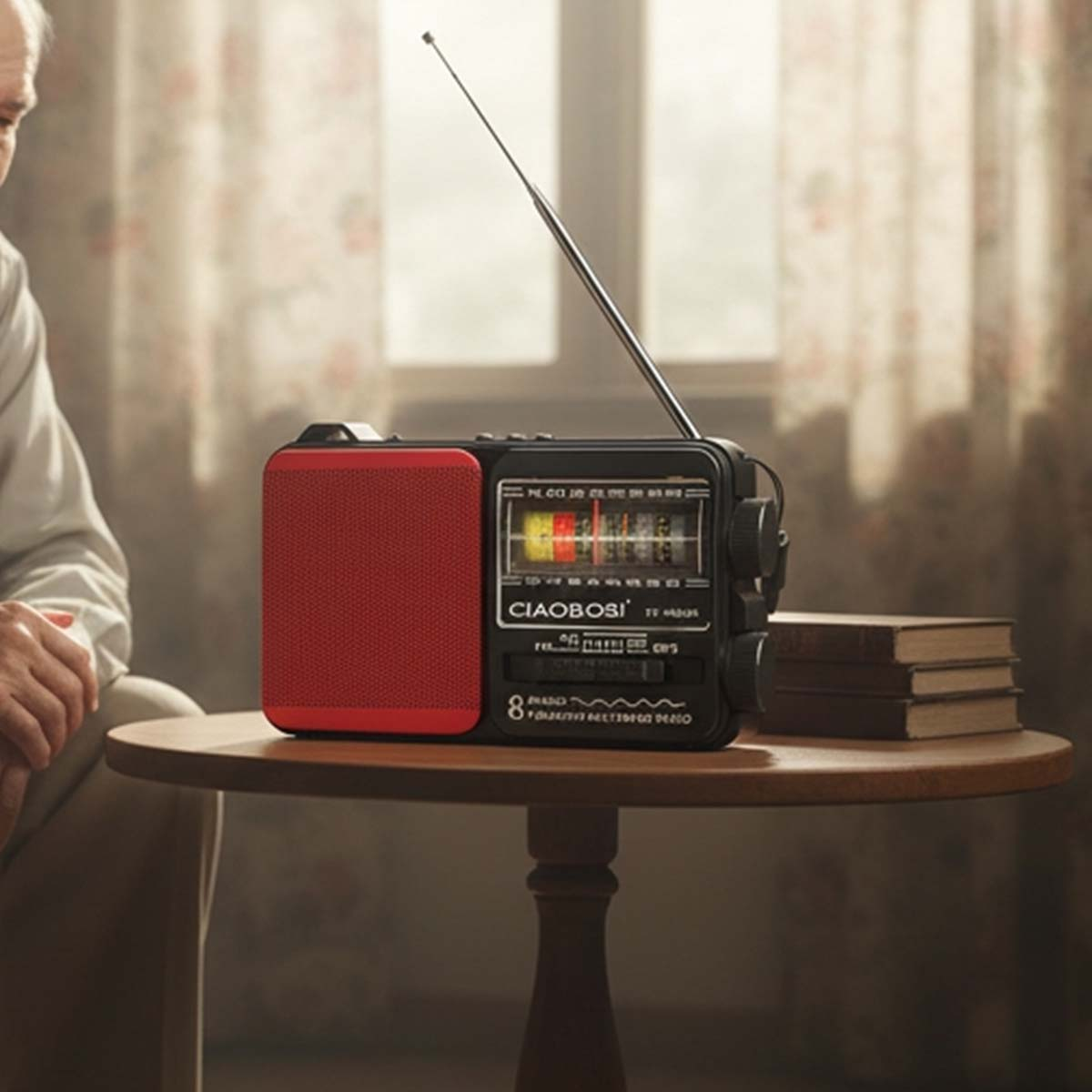 Ein Mann sitzt neben einem alten Radio mit rotem Lautsprecher auf einem Holztisch.