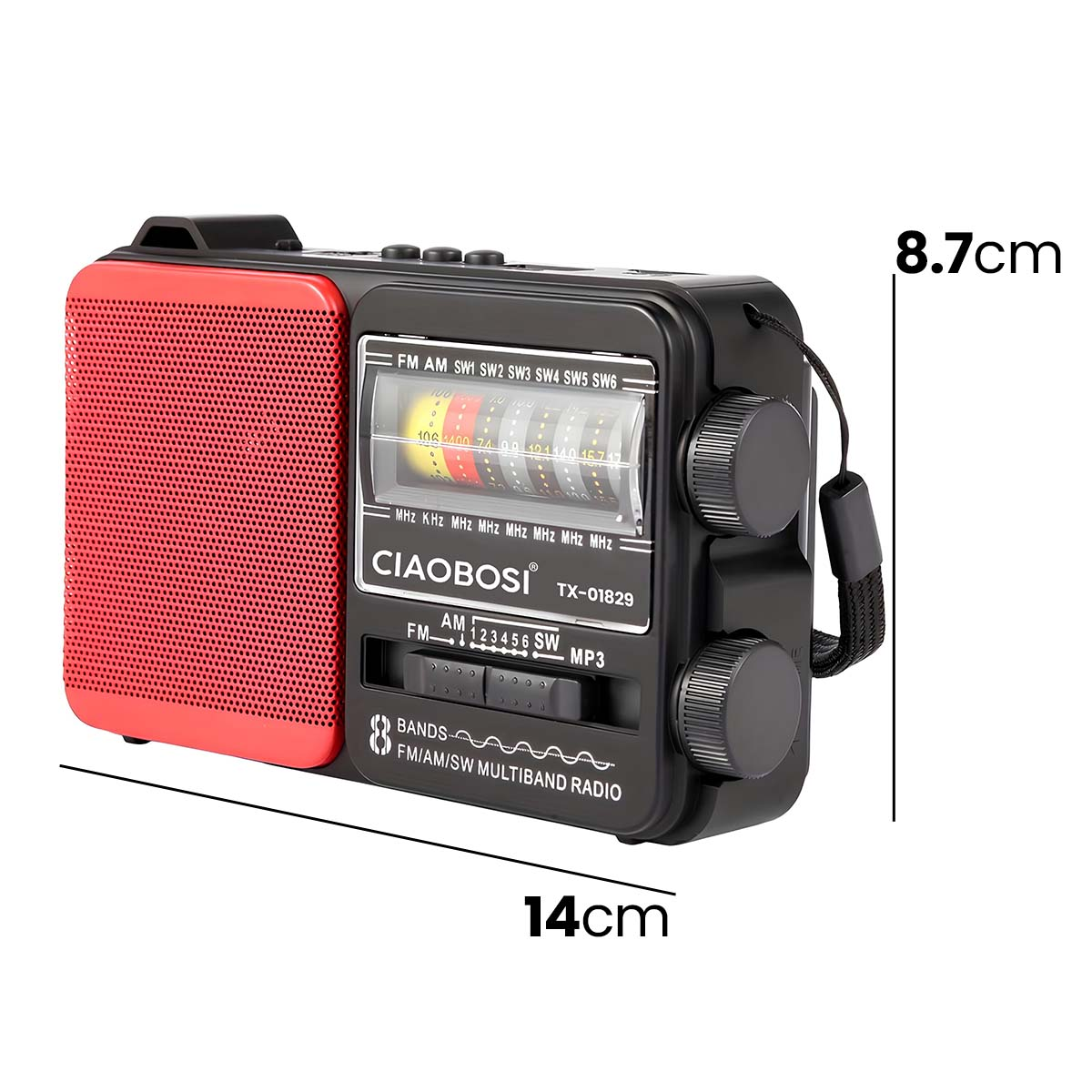 Ein tragbares FM/AM/SW Multiband-Radio mit roter Lautsprecherabdeckung und schwarzem Gehäuse.