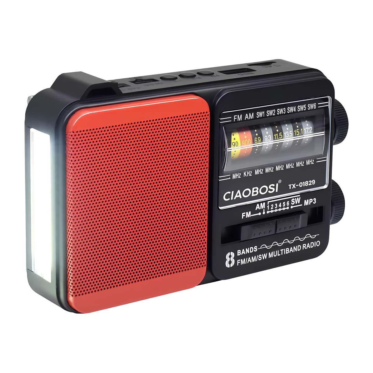 Ein tragbares schwarzes und rotes Multiband-Radio mit Lautsprecher, Tasten und Anzeige.