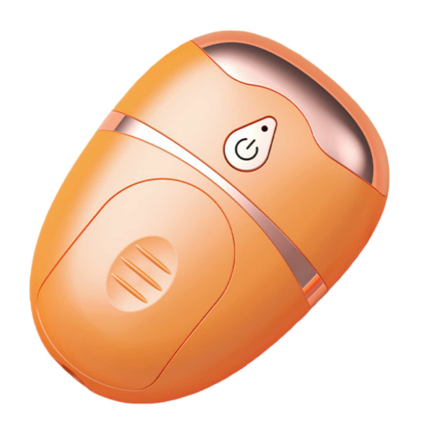 Ein orangerätober, eiförmiger Nagelknipser mit einem Power-Button.