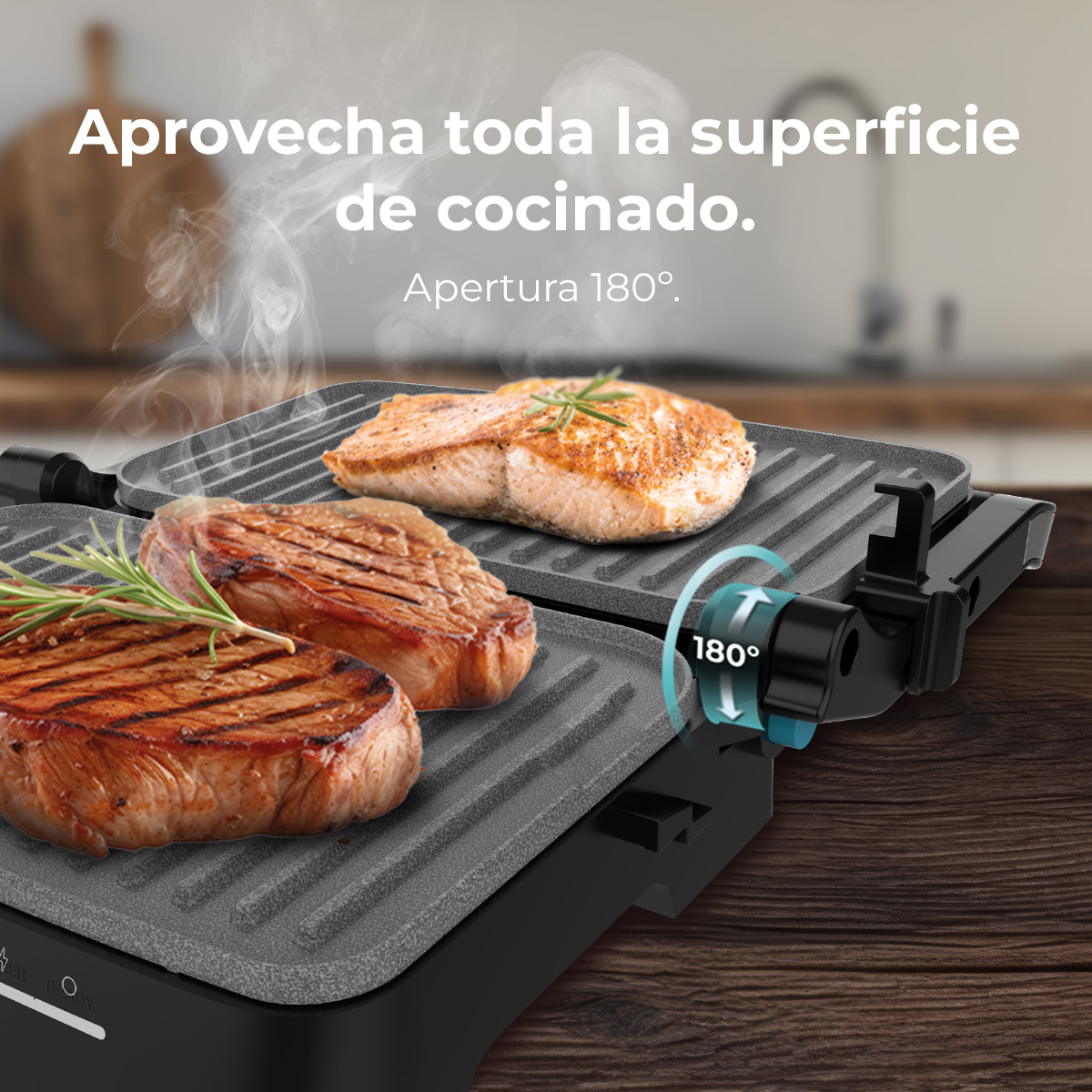 Grill con bistecche e salmone, mostra apertura 180°.