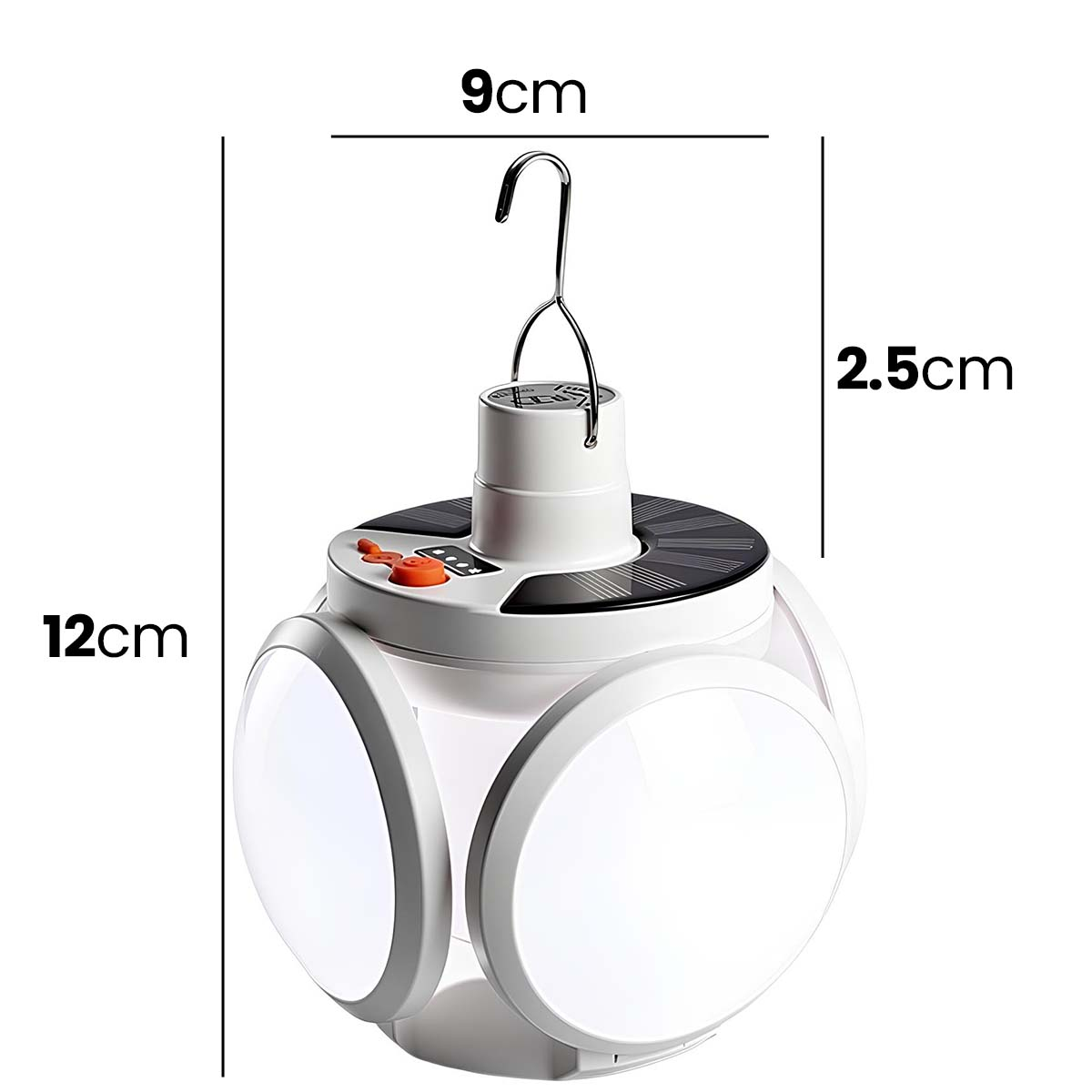 Una linterna solar blanca para acampar con luces plegables y gancho.