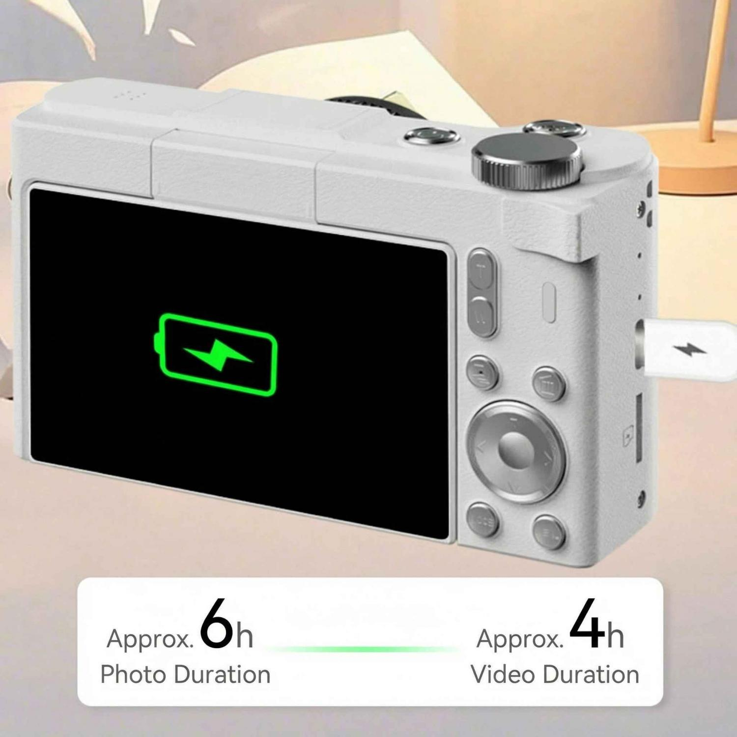 Weiße Digitalkamera mit Ladeanzeige, ca. 6h Foto, 4h Videodauer.