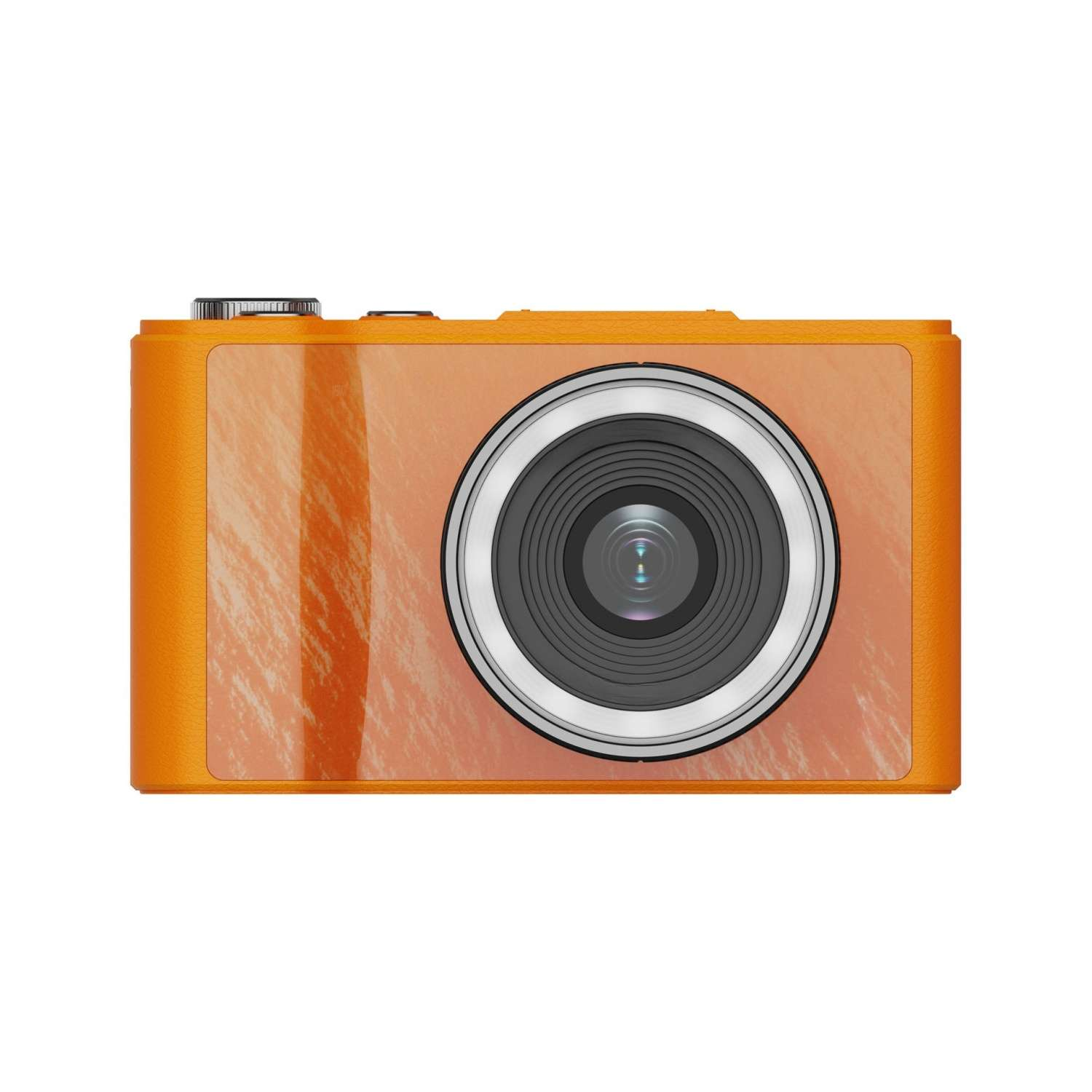 Orange Digitalkamera mit Muster auf der Vorderseite und Objektiv.