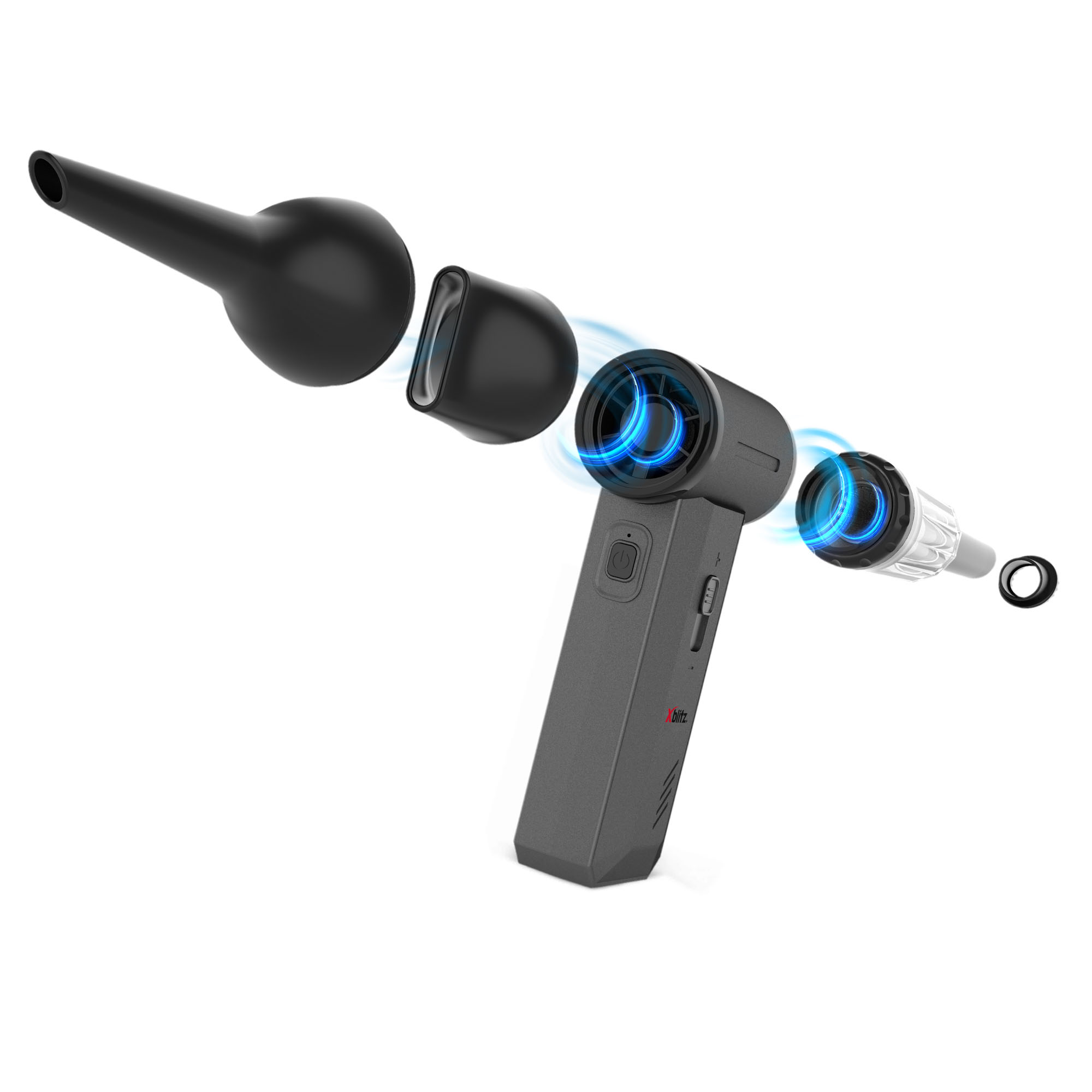 Ciemne, rozłożone urządzenie z uchwytem i trzema nasadkami.