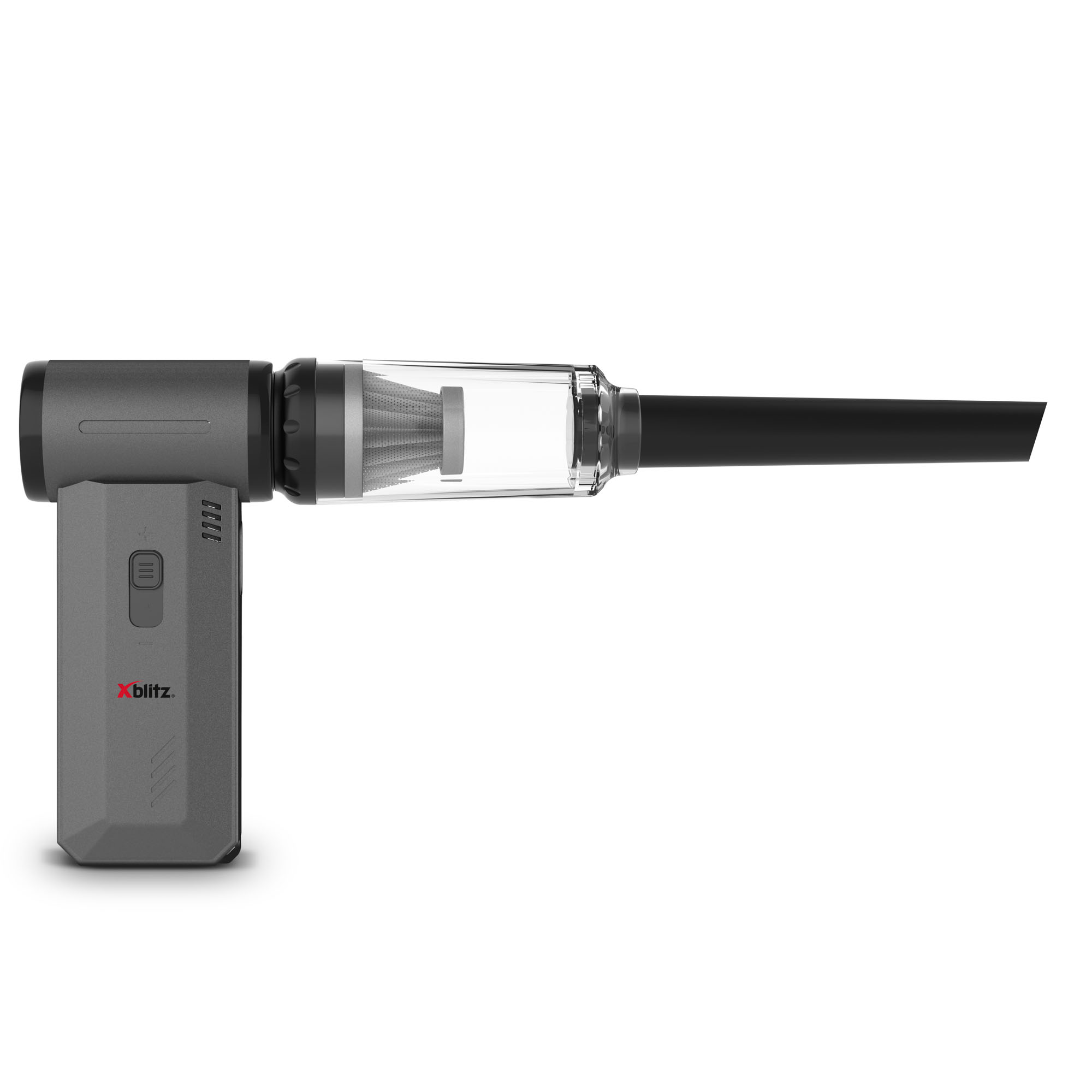 Szary odkurzacz ręczny z przezroczystym pojemnikiem i czarną dyszą.