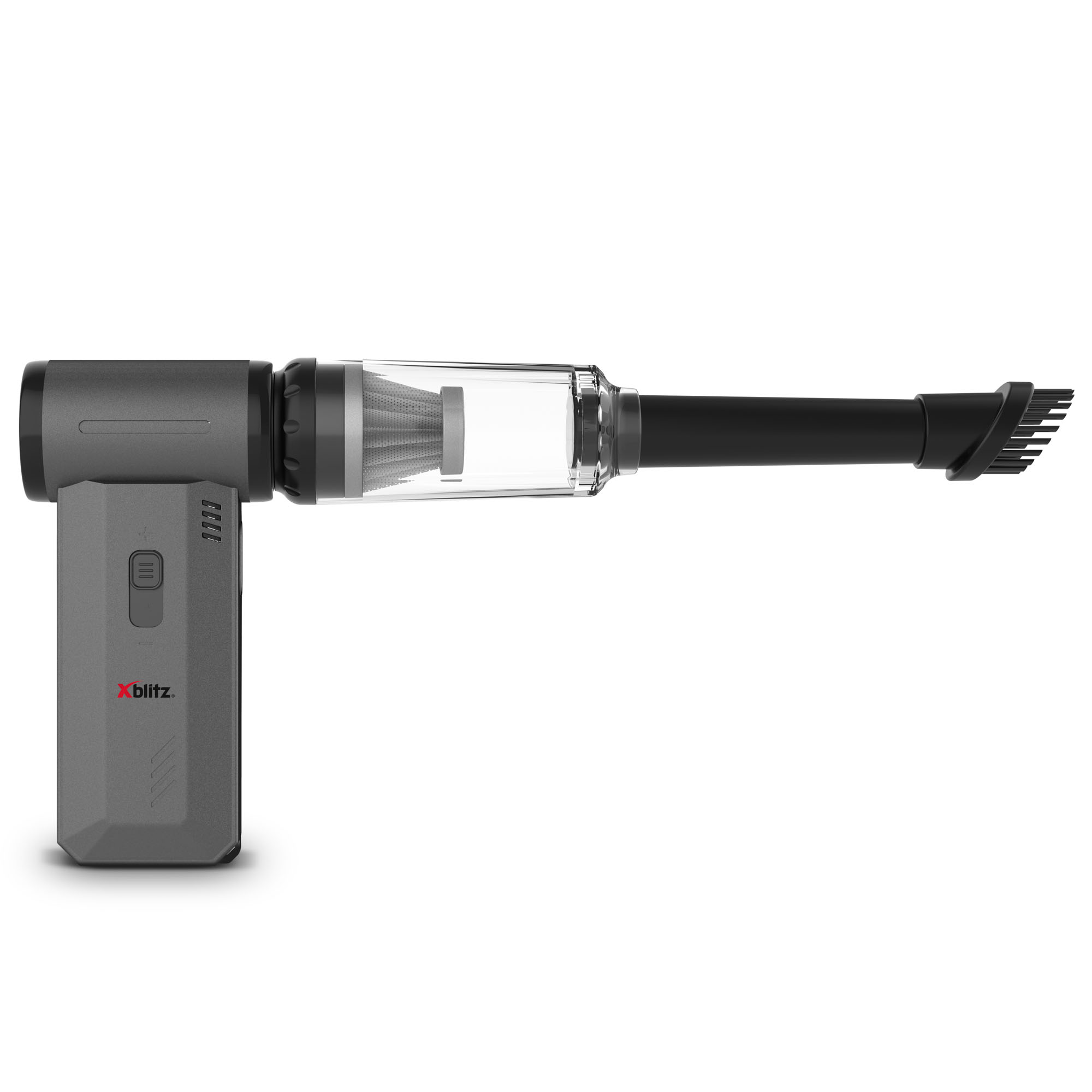 Kompaktowy, szary odkurzacz ręczny z przezroczystym pojemnikiem i końcówką szczotkową.