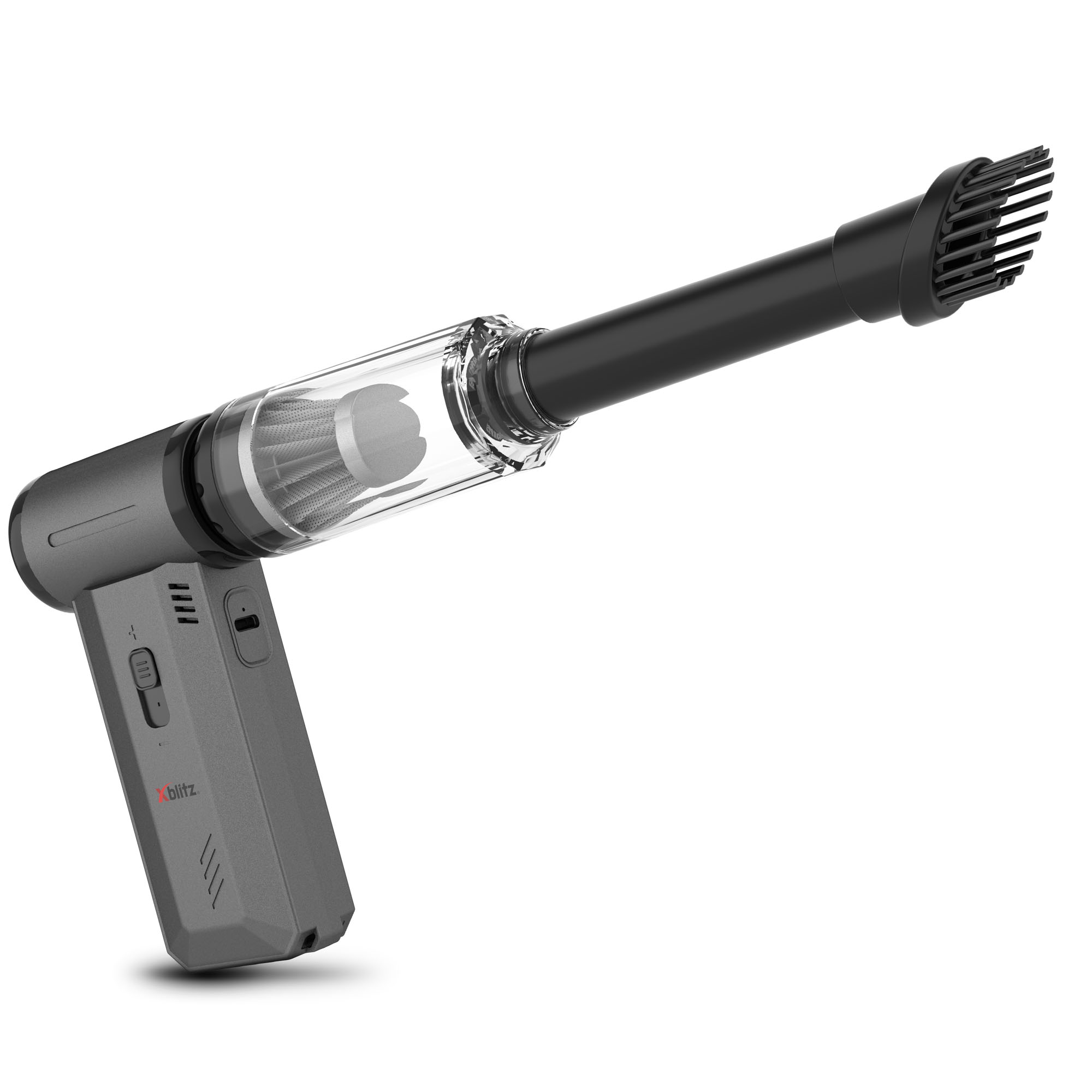 Szary odkurzacz ręczny z przezroczystym pojemnikiem i szczotką na białym tle.