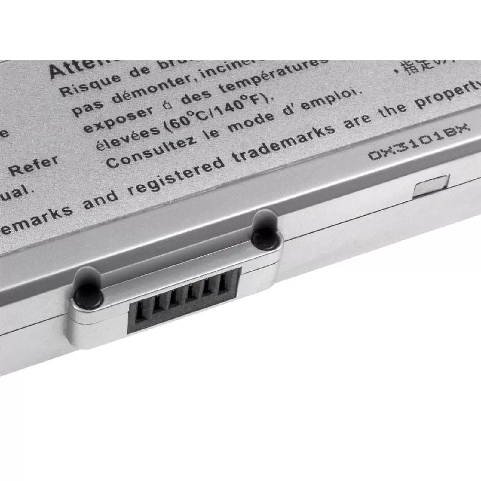 Silberner Akku mit Warnhinweisen und Modellnummer OX3101BX.