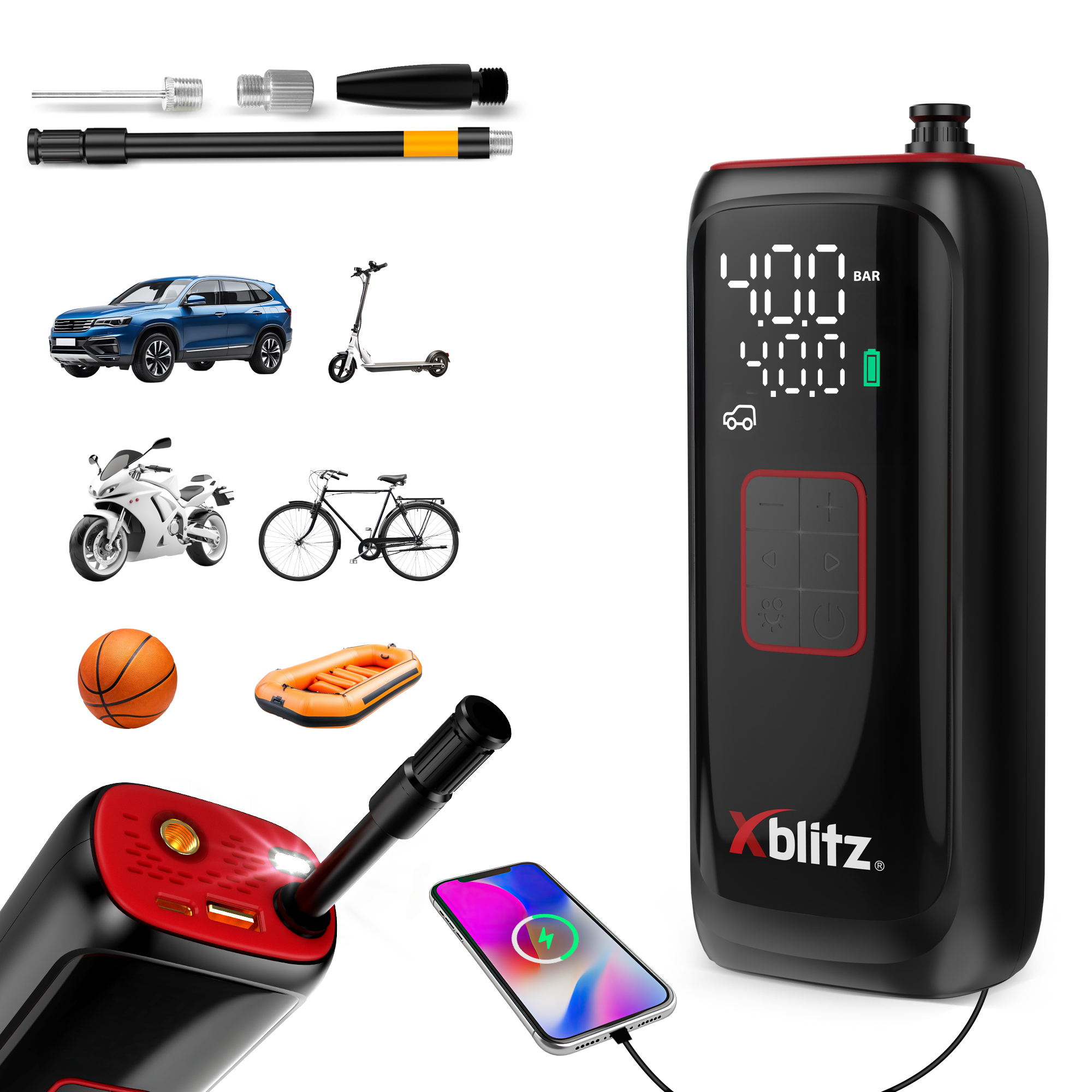 Pompka z akcesoriami, samochód, hulajnoga, motocykl, rower, piłka, łódź i telefon.