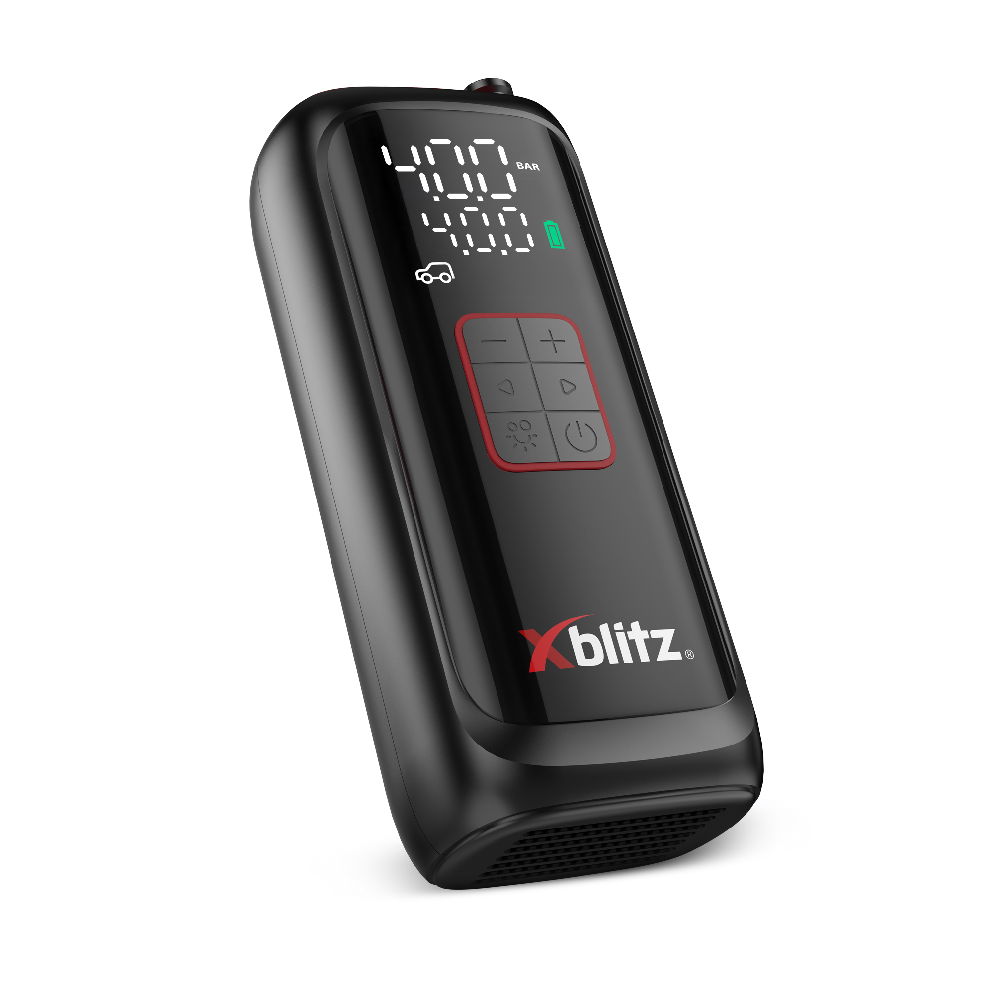 Czarny cyfrowy pompowacz opon z czerwonymi przyciskami. Wyświetlacz pokazuje 400 BAR i ikonę auta.