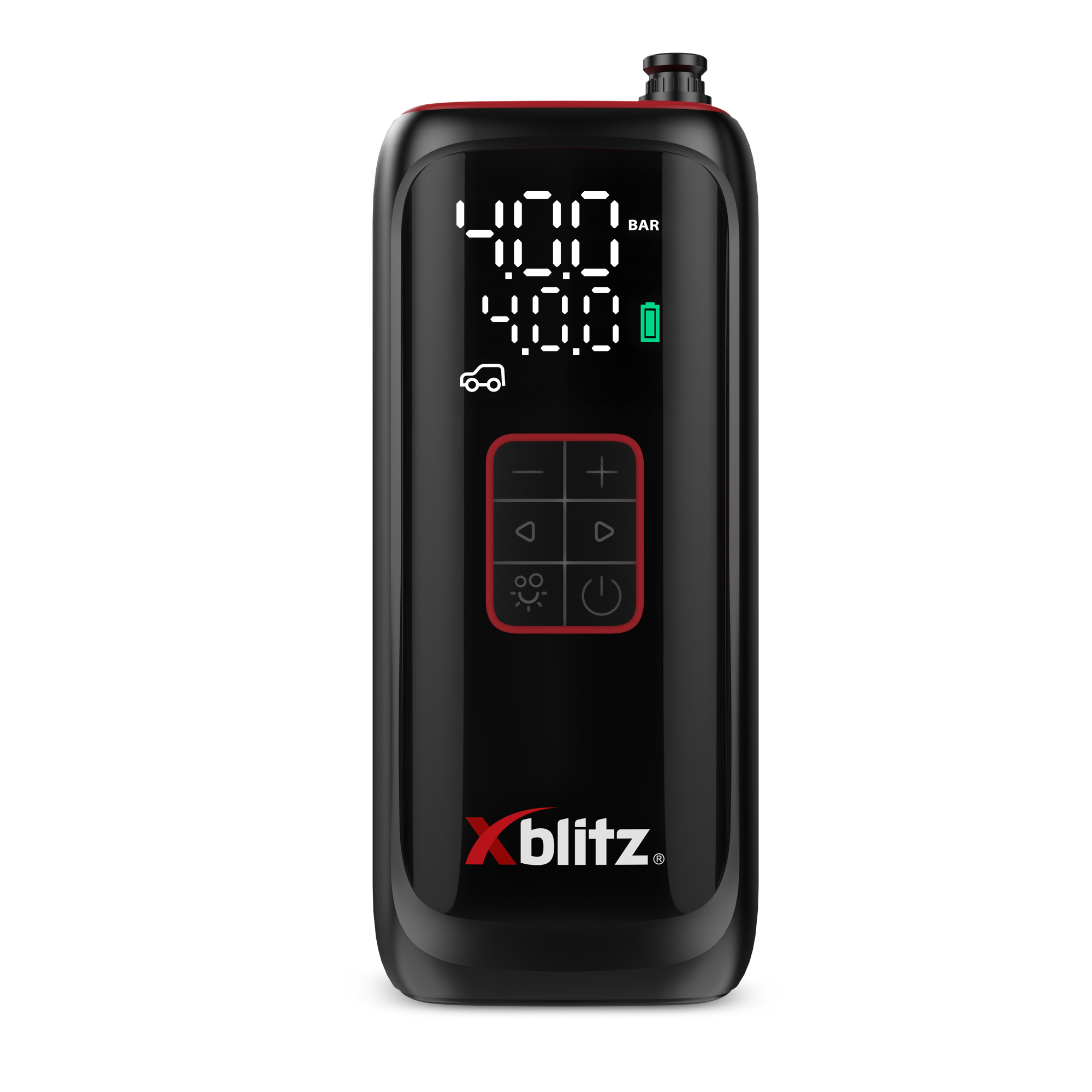 Czarny cyfrowy pompowacz do opon z czerwonym wykończeniem, pokazuje 400 BAR, ikonę auta, baterię.