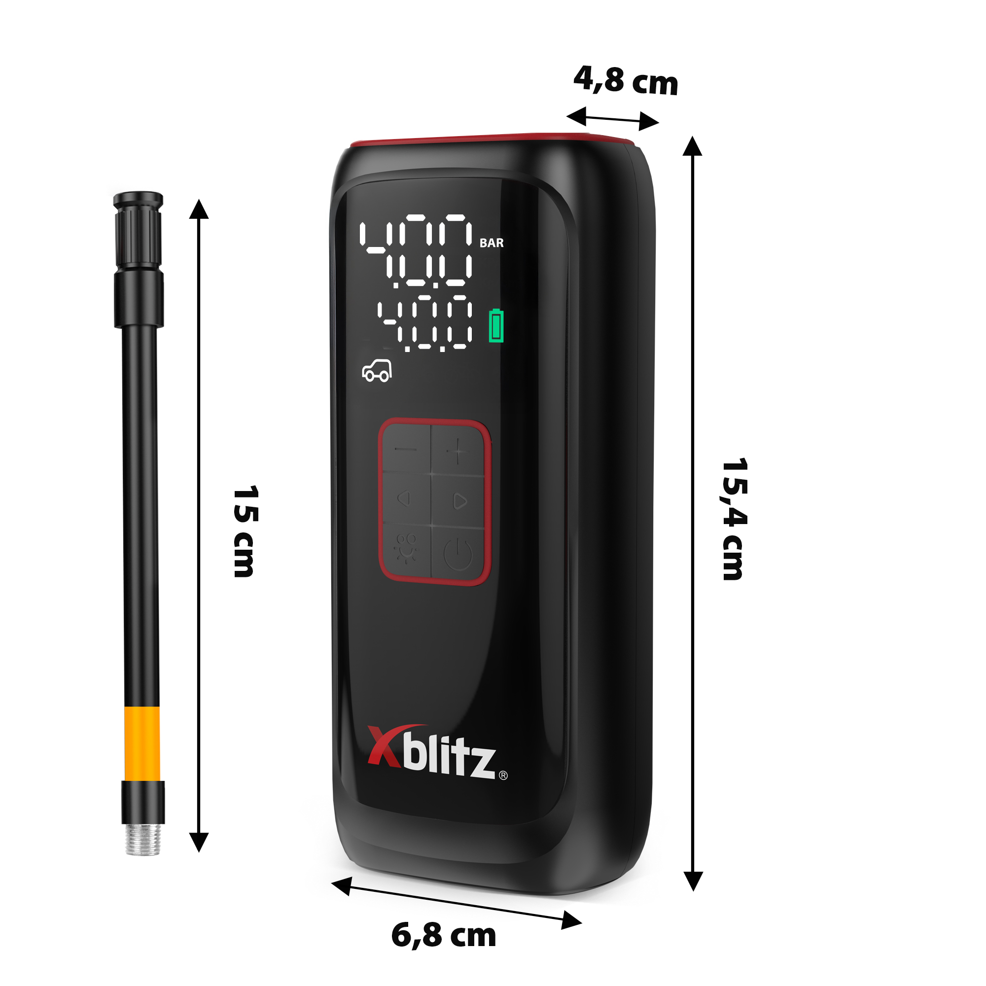 Czarny przenośny kompresor powietrza z akcesorium i wymiarami.