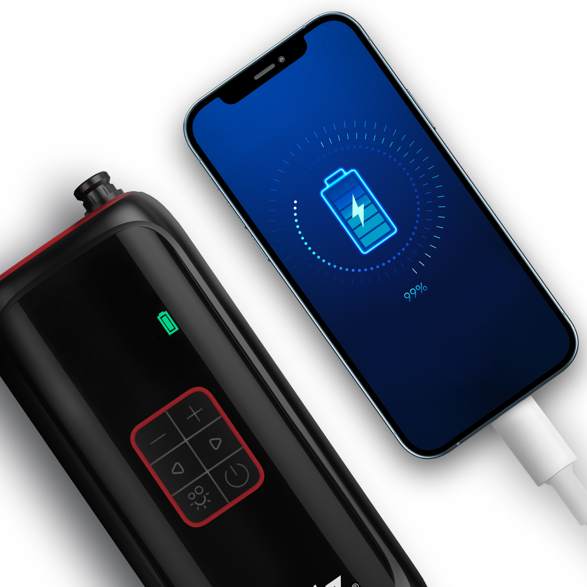 Czarne urządzenie z czerwonym wykończeniem ładuje niebieski smartfon pokazujący 99%.