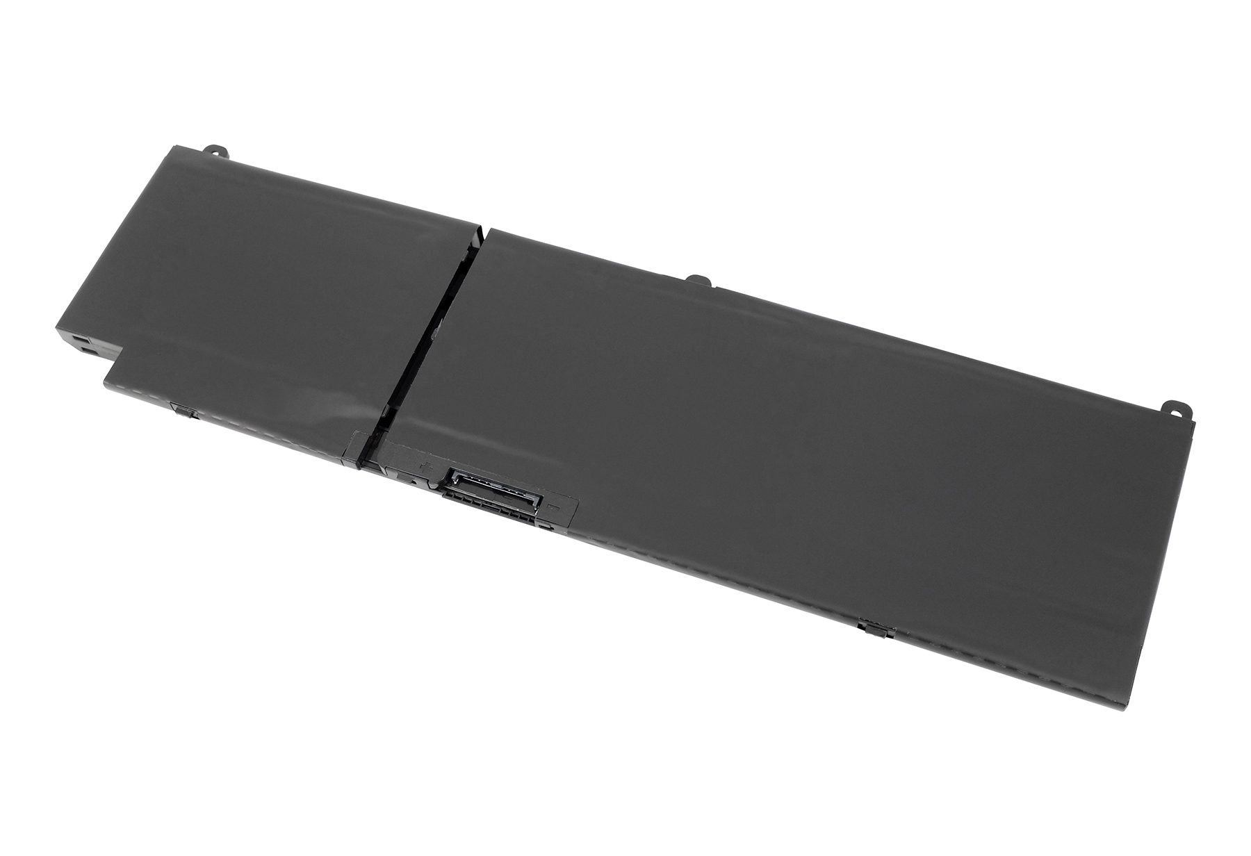 Ein schwarzer Laptop-Akku mit Anschluss auf weißem Hintergrund.