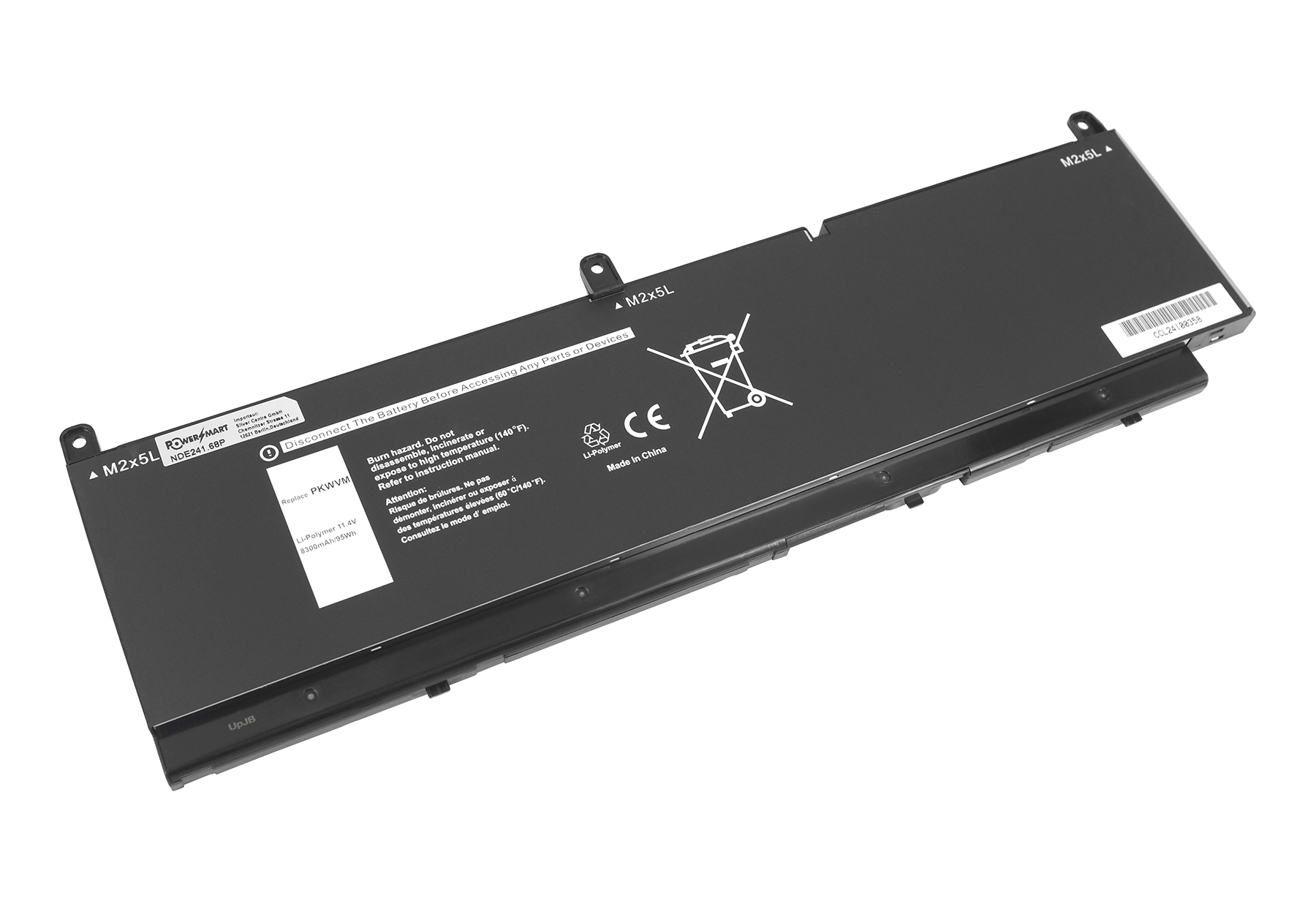 Schwarzer Laptop-Akku mit Warnhinweisen und CE-Zeichen, Modell M2x5L.