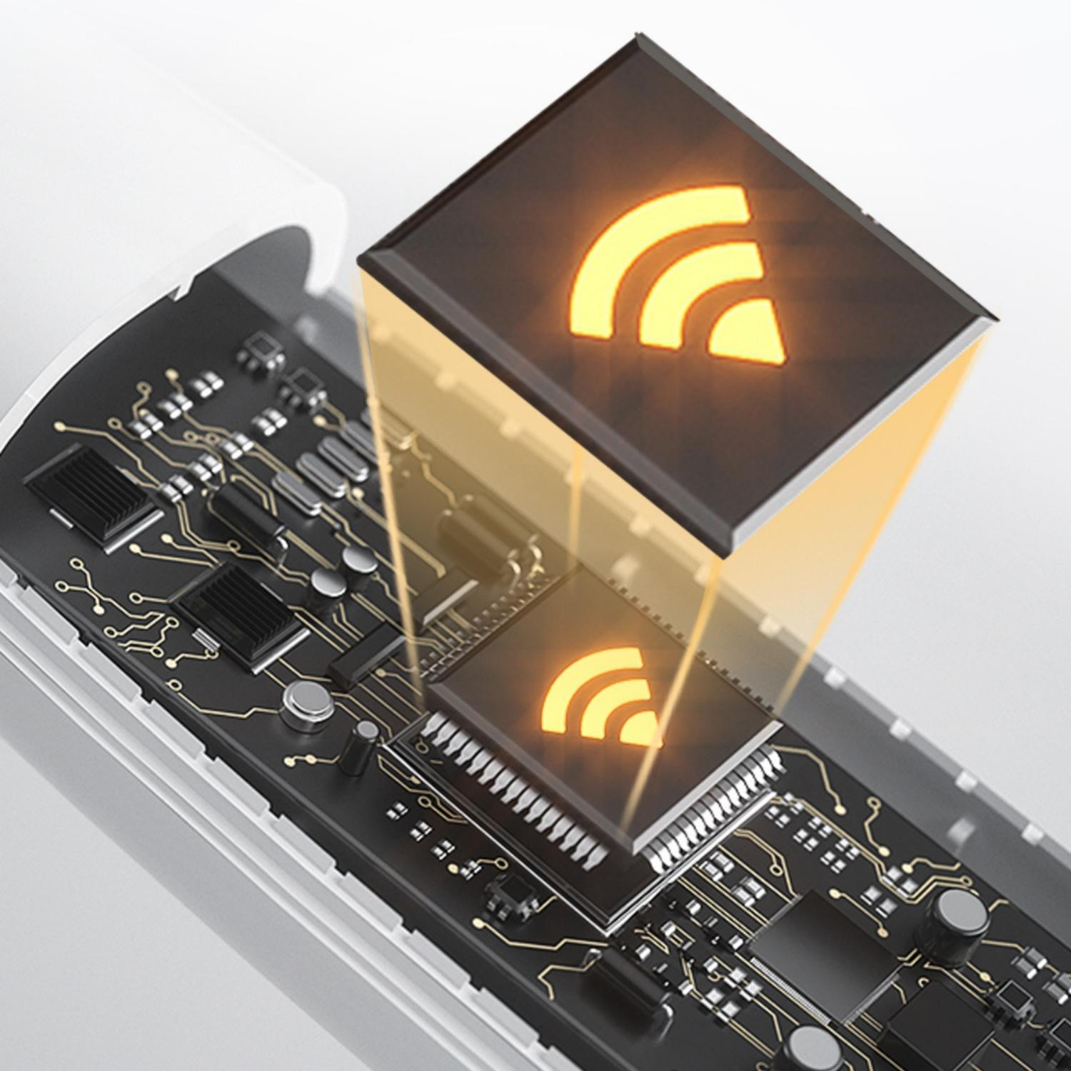 Ein WLAN-Symbol leuchtet auf einer Leiterplatte mit Chips.