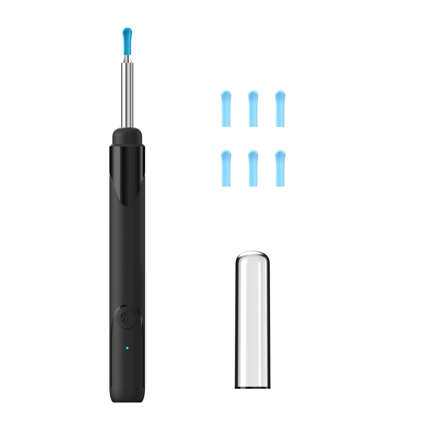 Schwarzes Ohrreiniger-Set mit blauen Spitzen und Abdeckung.