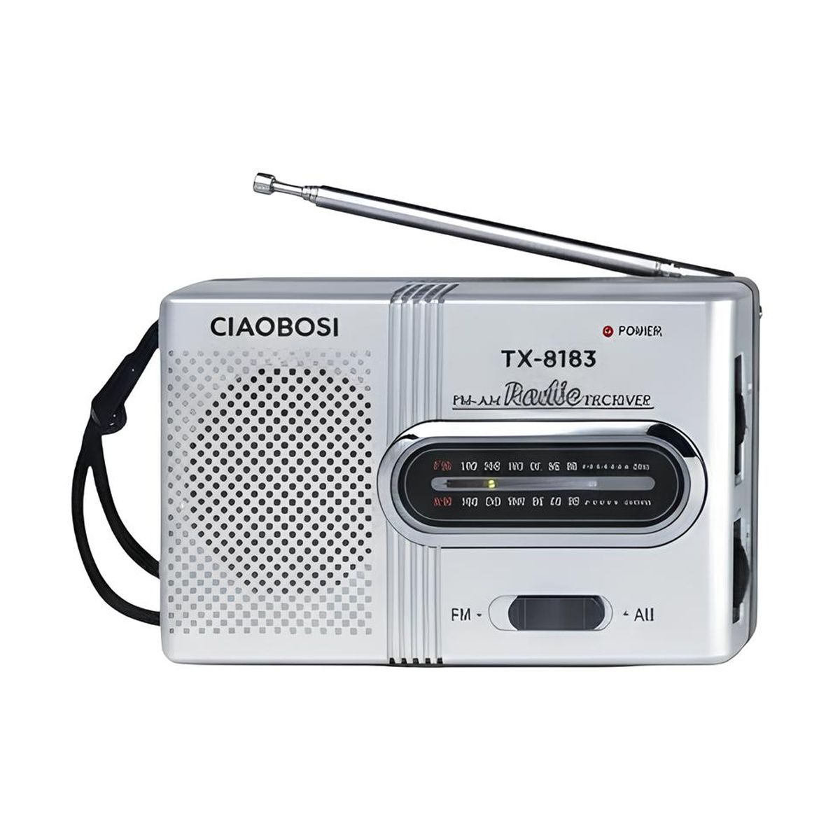Ein silbernes tragbares Radio mit ausziehbarer Antenne und Lautsprechergitter.