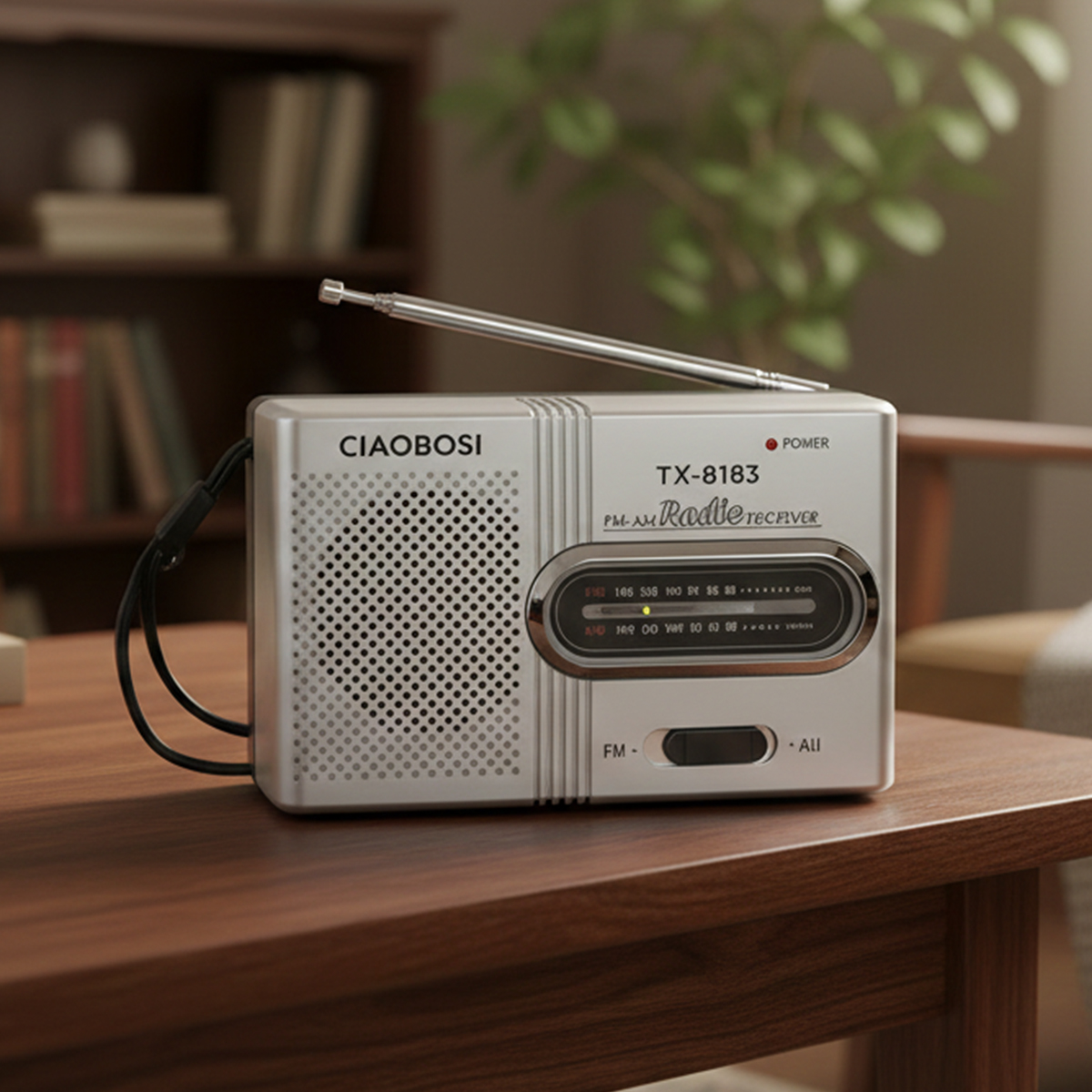 Ein silbernes Radio mit ausziehbarer Antenne steht auf einem Holztisch.