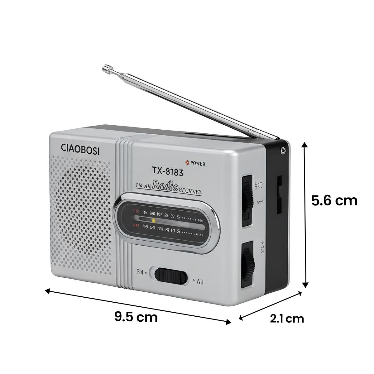 Ein silbernes tragbares Radio mit ausziehbarer Antenne und Skala.