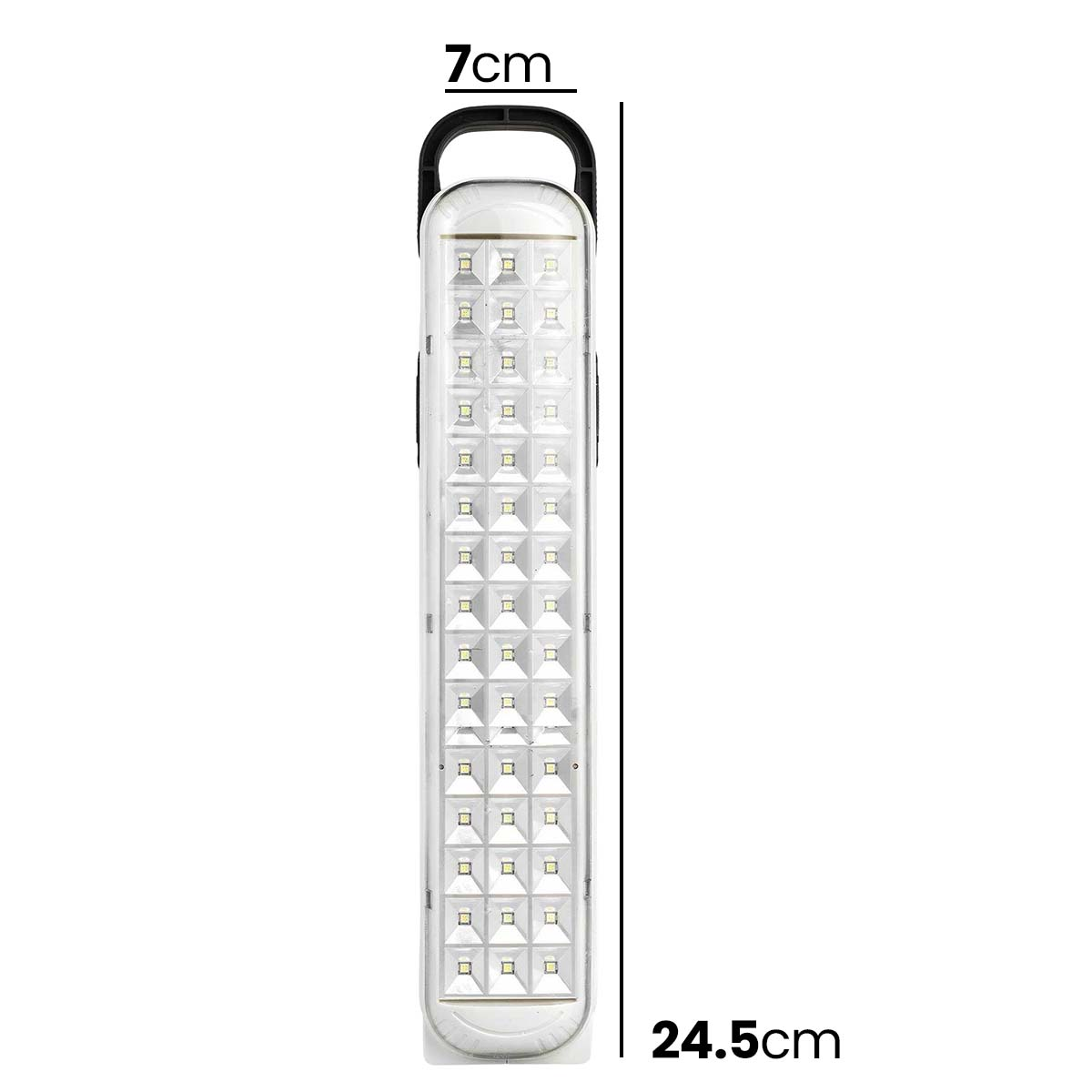 Weiße LED-Lampe mit Griff, 7cm breit und 24,5cm lang.