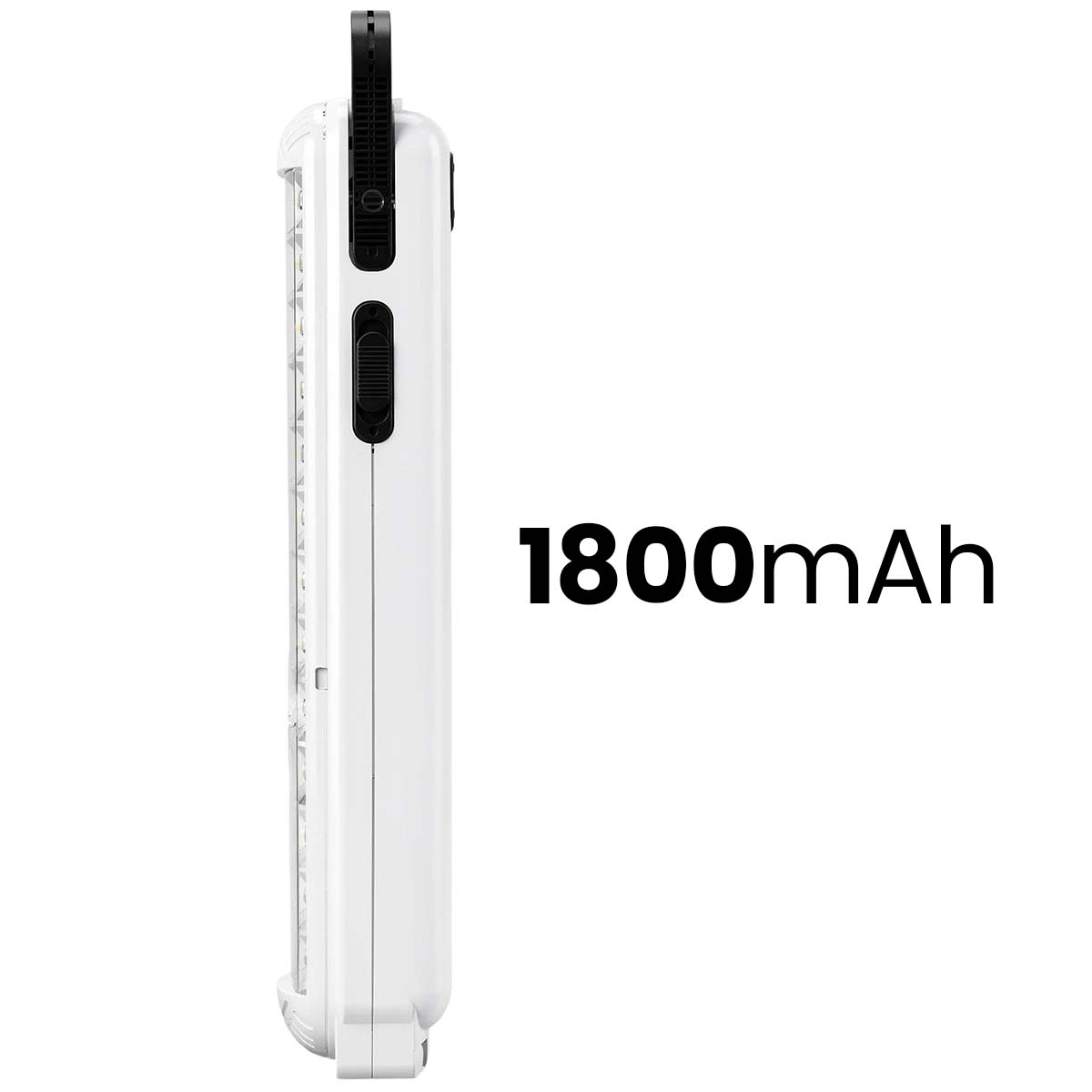 Weiße Lampe mit 1800mAh Aufschrift, seitliche Ansicht.