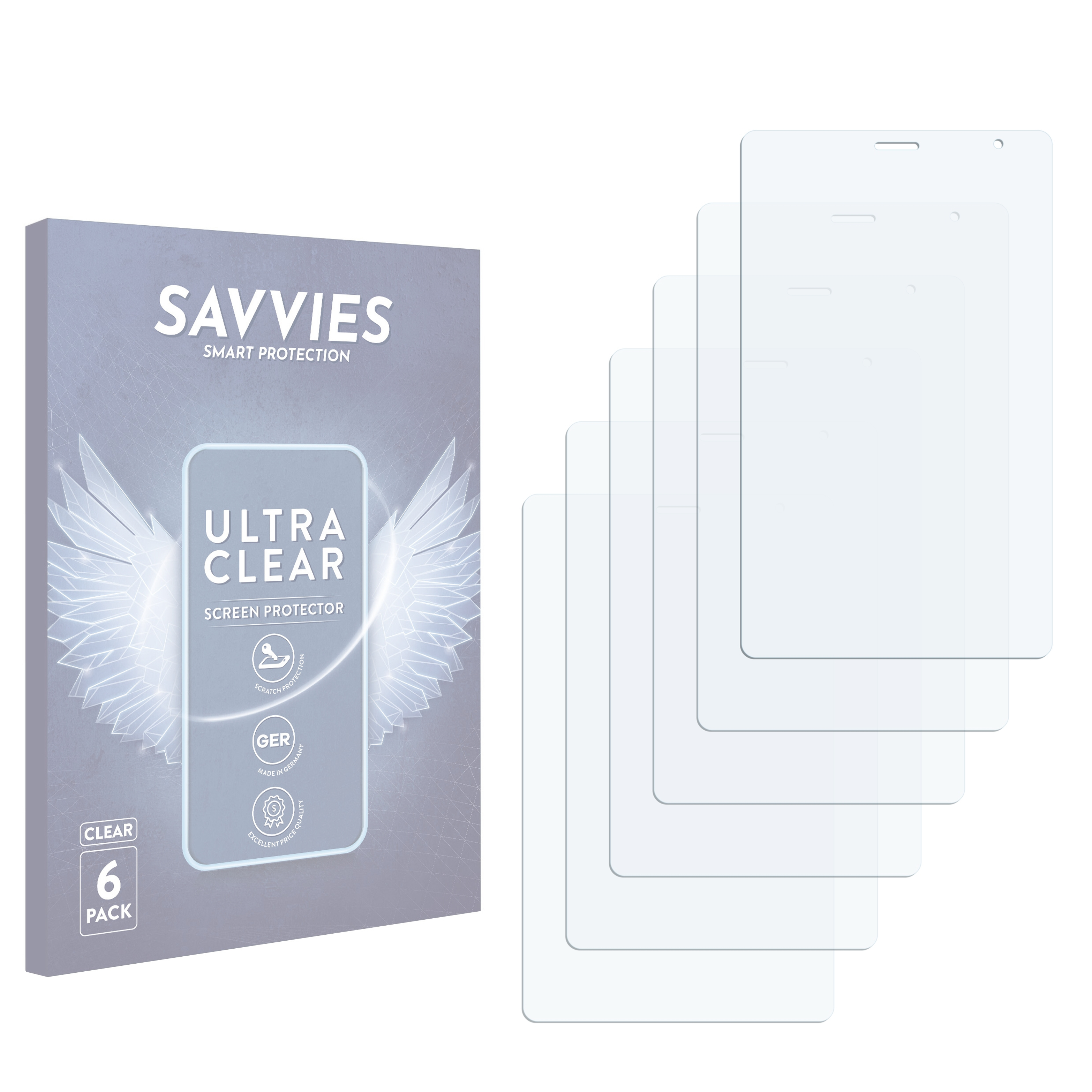Verpackung und 6 transparente Displayschutzfolien.