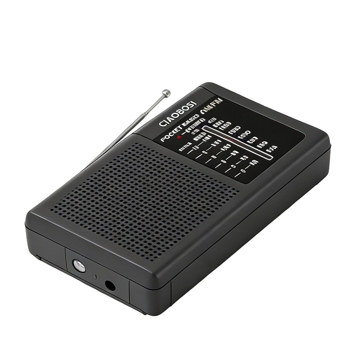 Une radio AM/FM portable noire avec antenne extensible et grille de haut-parleur.