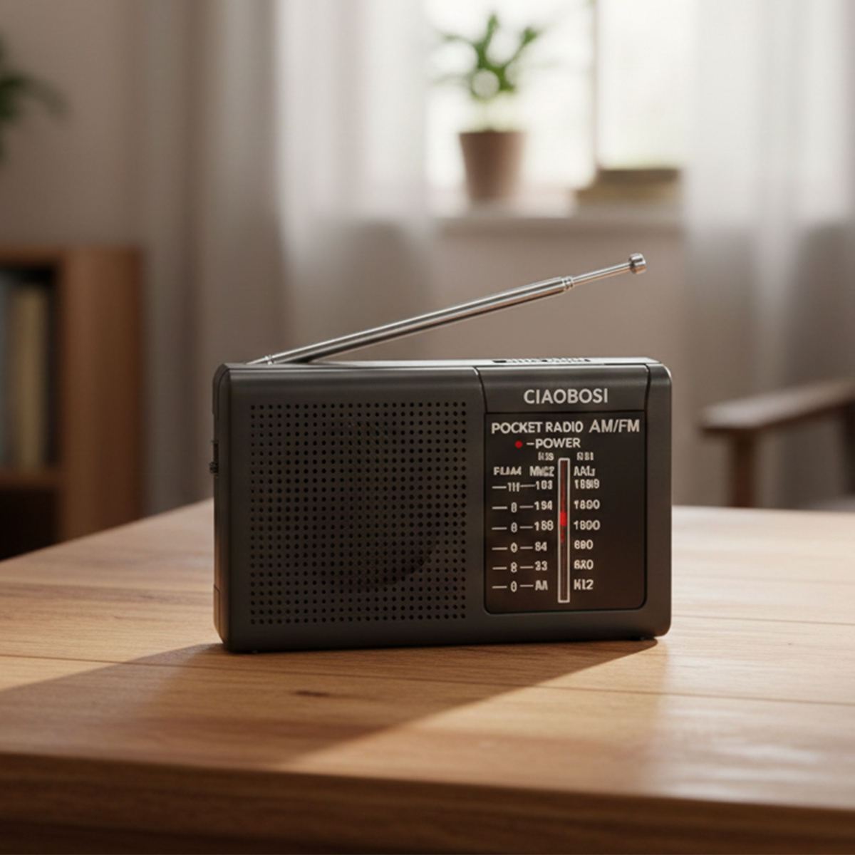 Une radio de poche CIAOBOSI noire avec antenne déployée sur une table en bois.