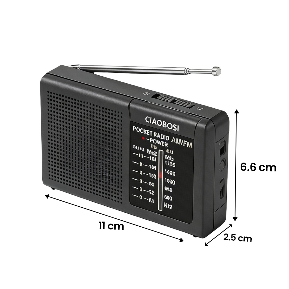 Radio de poche CIAOBOSI AM/FM noire, 11cm de long, 6,6cm de haut, 2,5cm de profondeur.