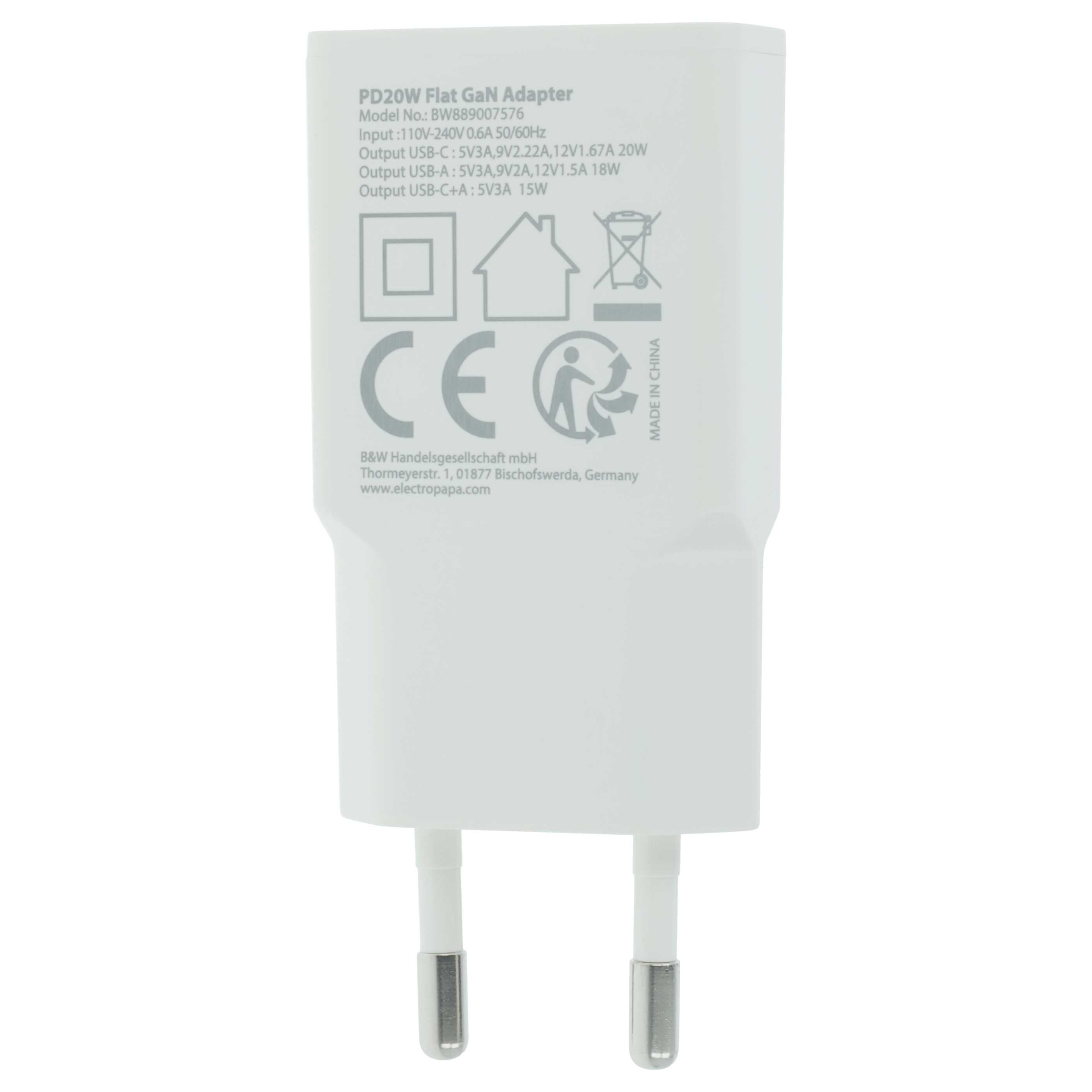 Ein weißer PD20W GaN-Adapter mit CE- und Recycling-Symbolen.