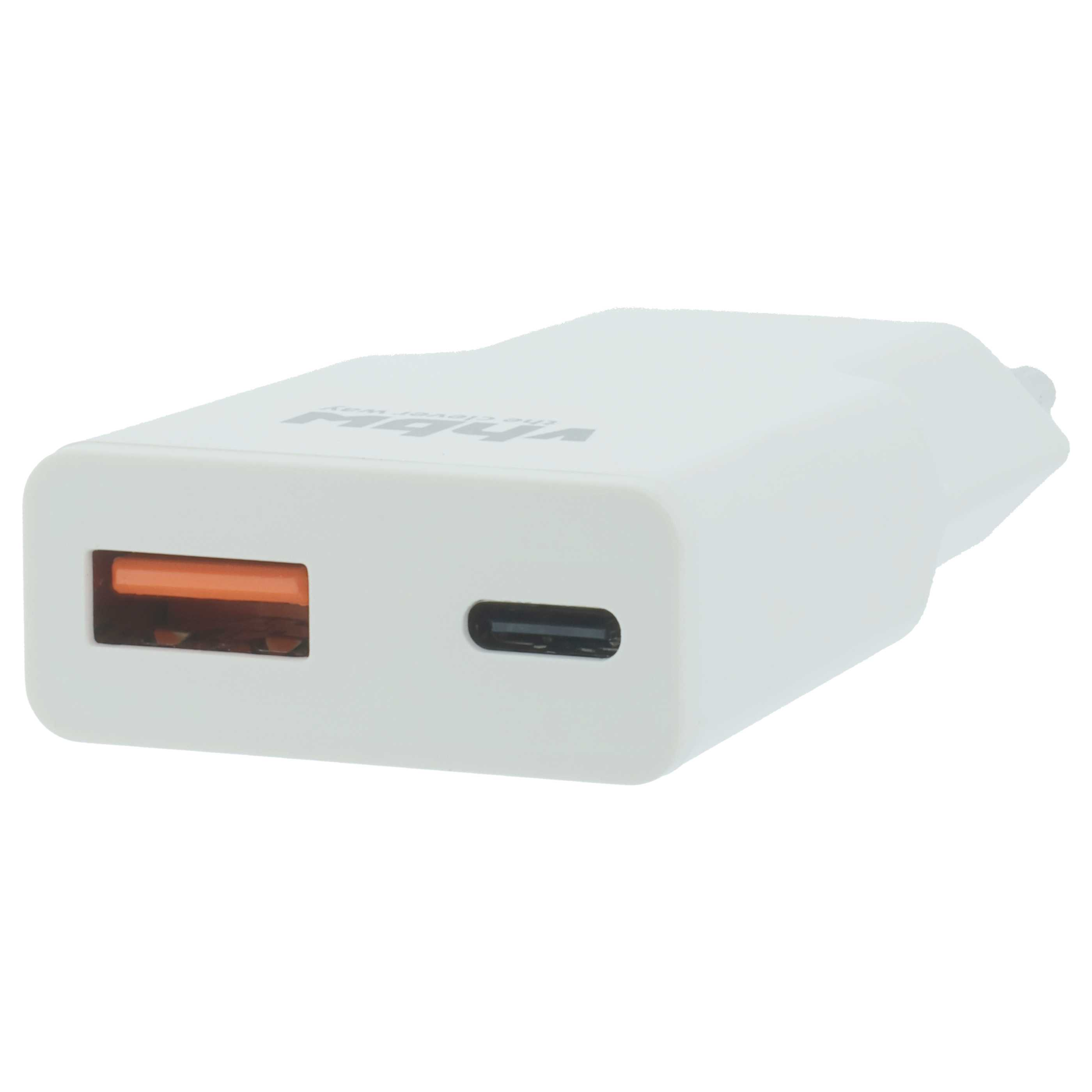 Ein weißer USB-C-Ladestecker mit einem orangefarbenen USB-A-Anschluss.